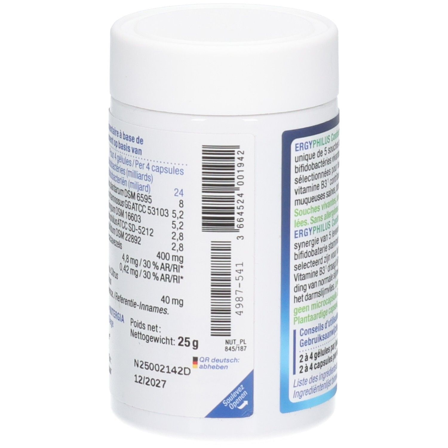 Rückseite der weißen Dose. Barcode und Nährwertangaben. Gewicht: 25g. Mindestens haltbar bis 12/2027. Marke: Nutergia Laboratoire.