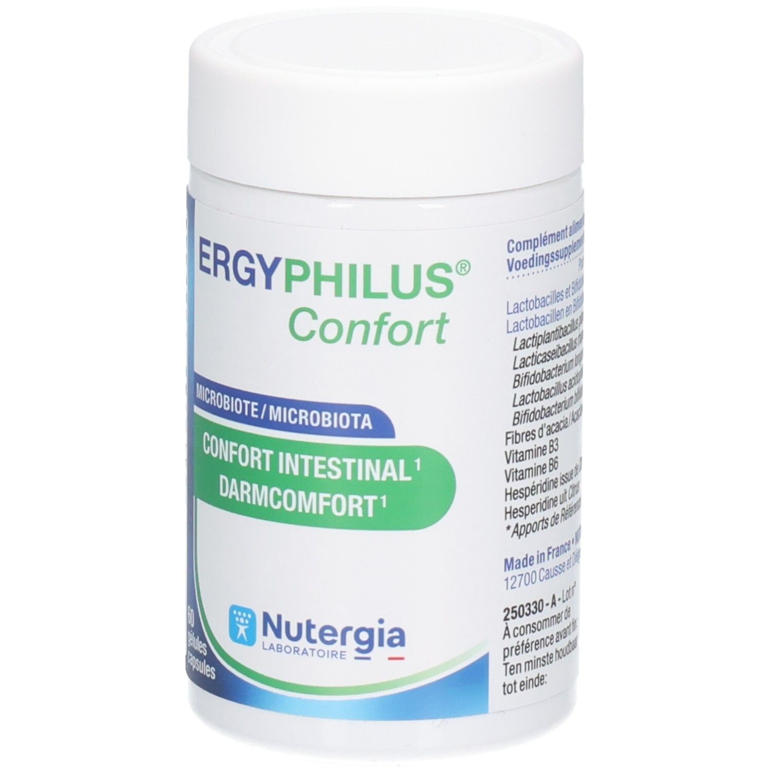 Weiße Dose mit grün-blauen Akzenten. Aufschrift: Ergyphilus Confort, Darmkomfort. Marke: Nutergia Laboratoire. 60 Kapseln.