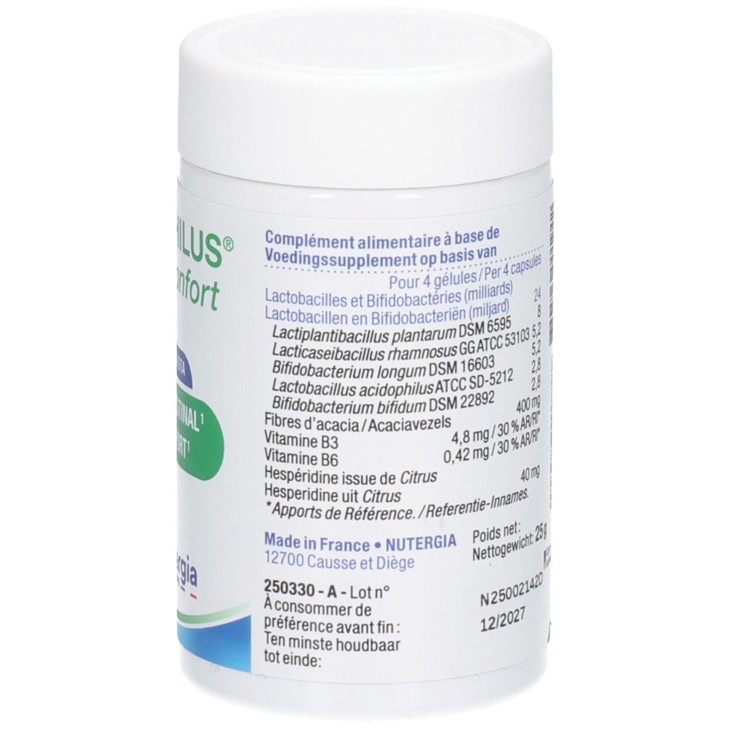 Rückseite der weißen Dose. Nährwertangaben und Inhaltsstoffe. Hergestellt in Frankreich. Marke: Nutergia Laboratoire.