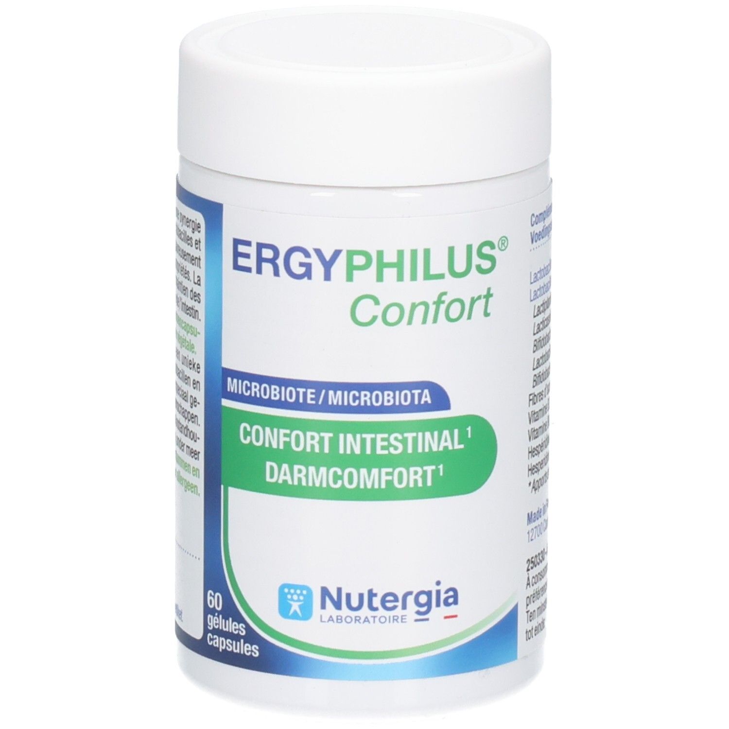 Weiße Dose mit grün-blauen Akzenten. Aufschrift: Ergyphilus Confort, Darmkomfort. Marke: Nutergia Laboratoire. 60 Kapseln.