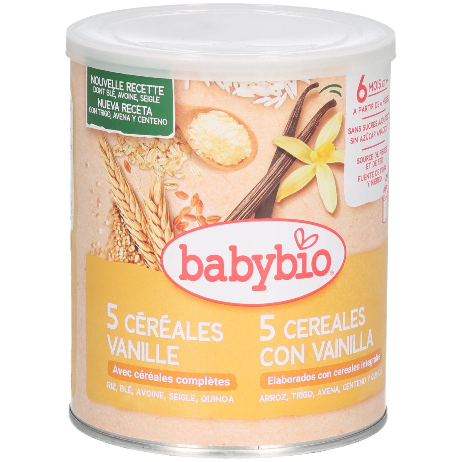 Babybio Vanille-Getreidebrei ab 6 Monaten, 5 Getreidesorten mit Vanille.
