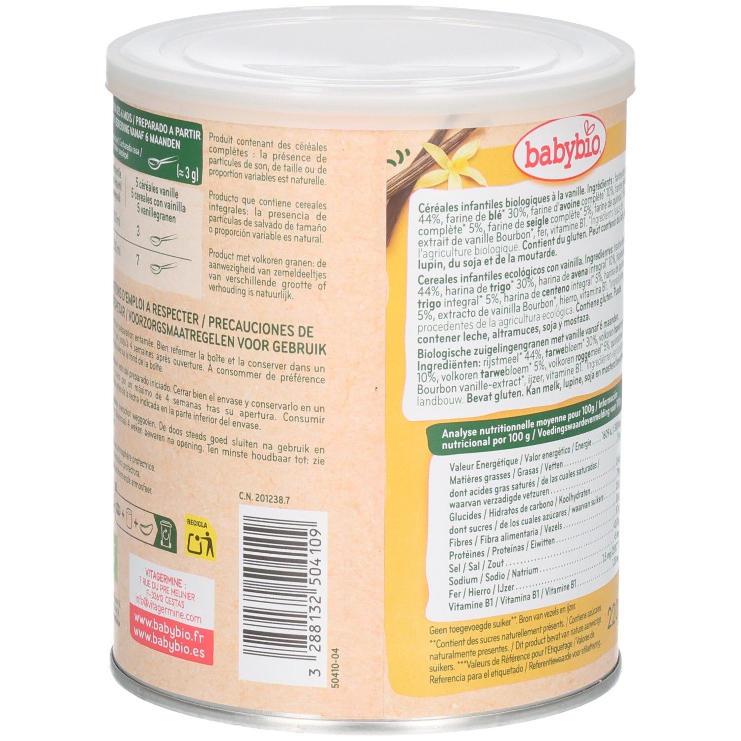 Babybio Vanille-Getreidebrei Rückseite mit Zubereitungshinweisen und Barcode.
