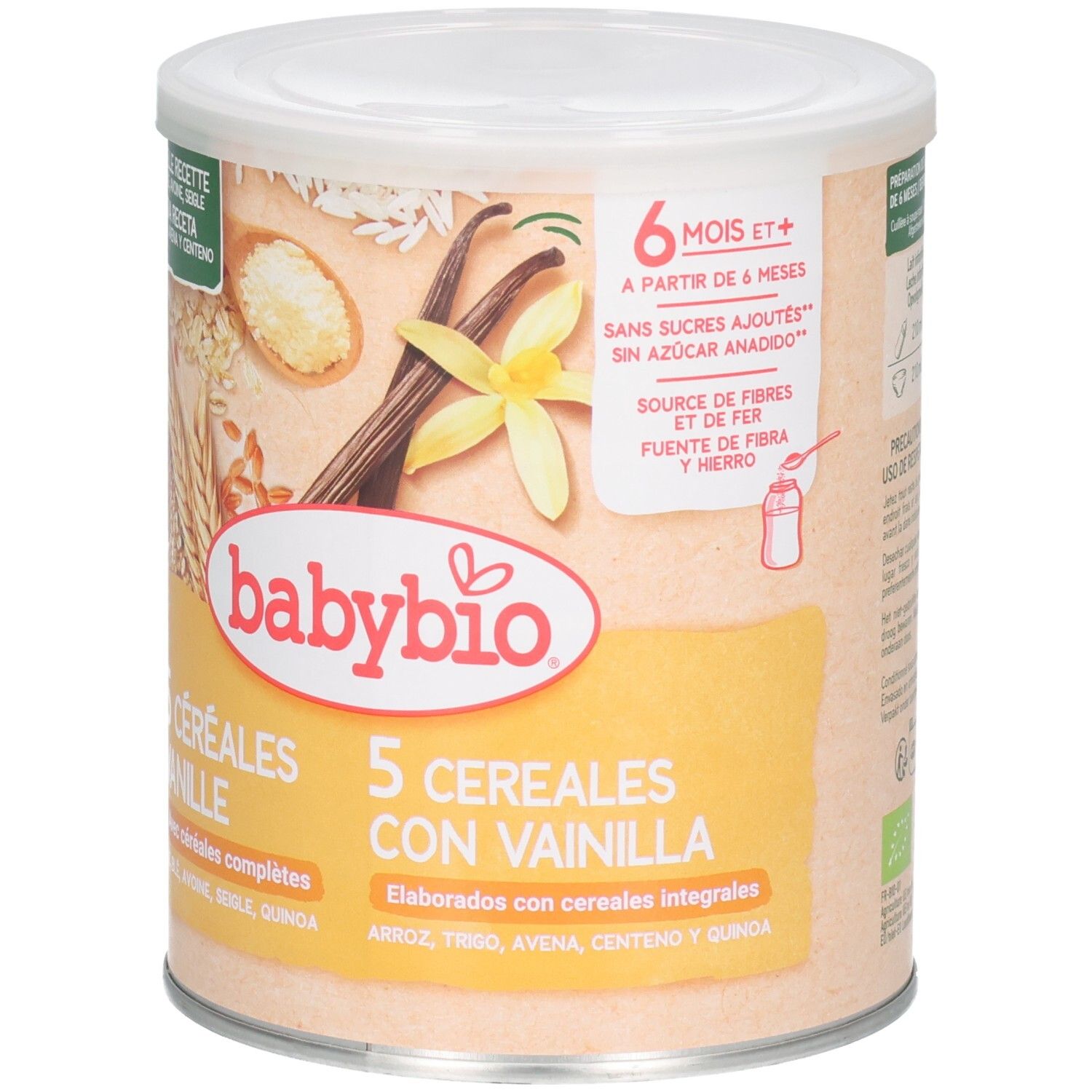 Babybio Vanille-Getreidebrei ab 6 Monaten, 5 Getreidesorten mit Vanille, ohne Zuckerzusatz.