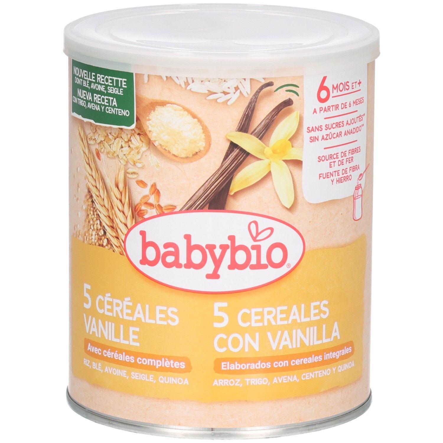 Babybio Vanille-Getreidebrei ab 6 Monaten, 5 Getreidesorten mit Vanille, Quelle von Ballaststoffen und Eisen.