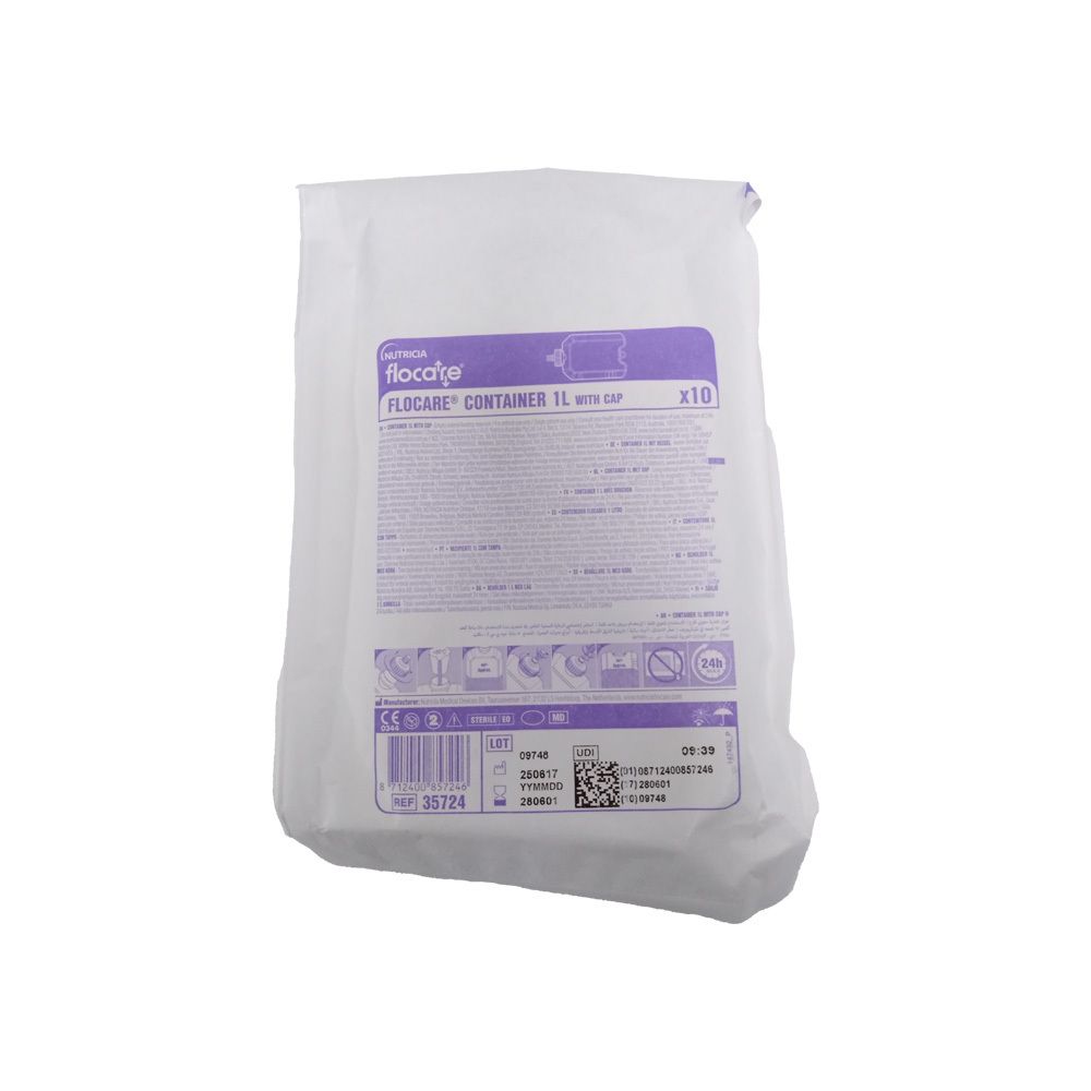 Emballage Nutricia Flocare Container 1L avec bouchon. Emballage blanc avec étiquette. Impressions et code-barres.