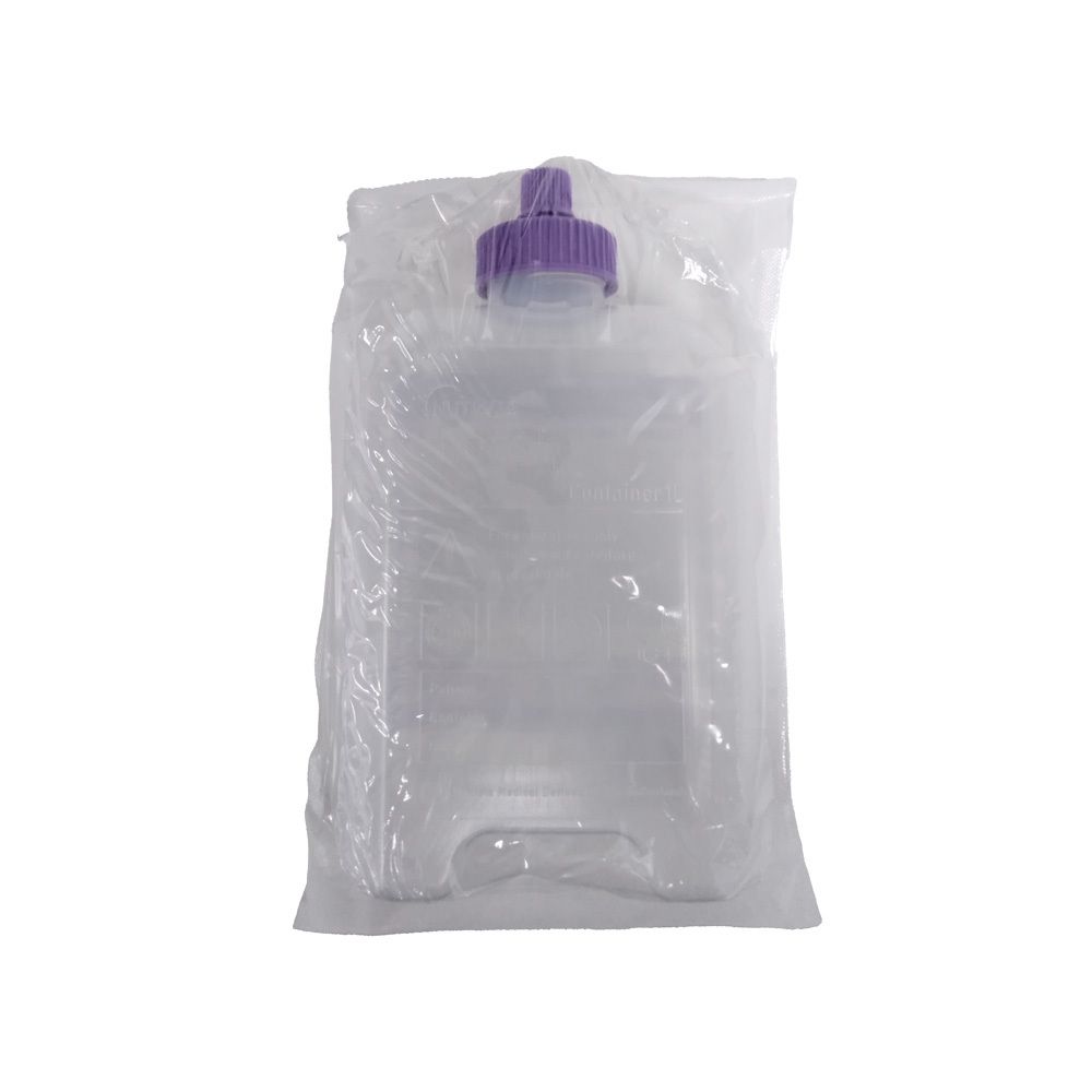 Conteneur transparent Nutricia Flocare avec bouchon violet, dans un emballage transparent. Graduation visible.