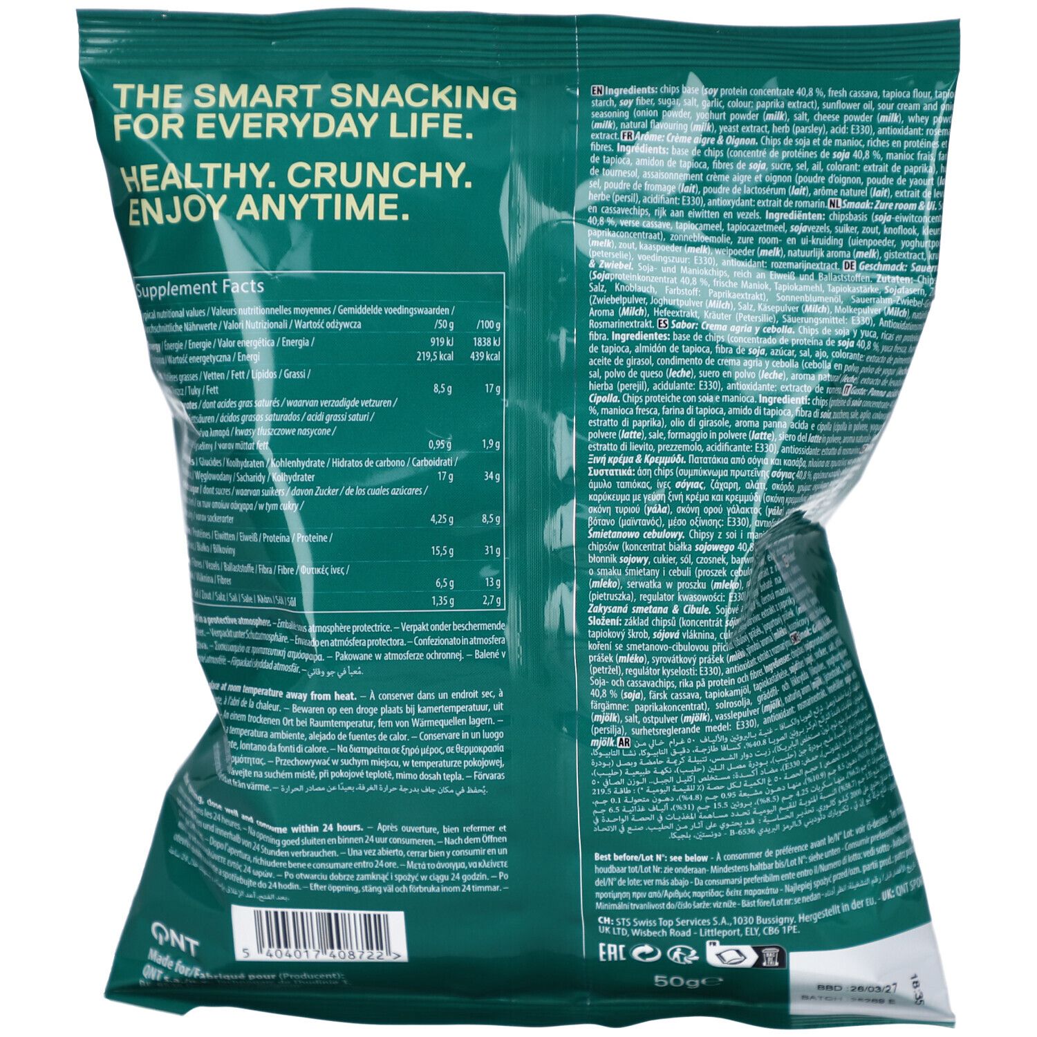 Rückseite der Chipstüte. Text: 'The smart snacking for everyday life'. Nährwertangaben und Zutatenliste in verschiedenen Sprachen.