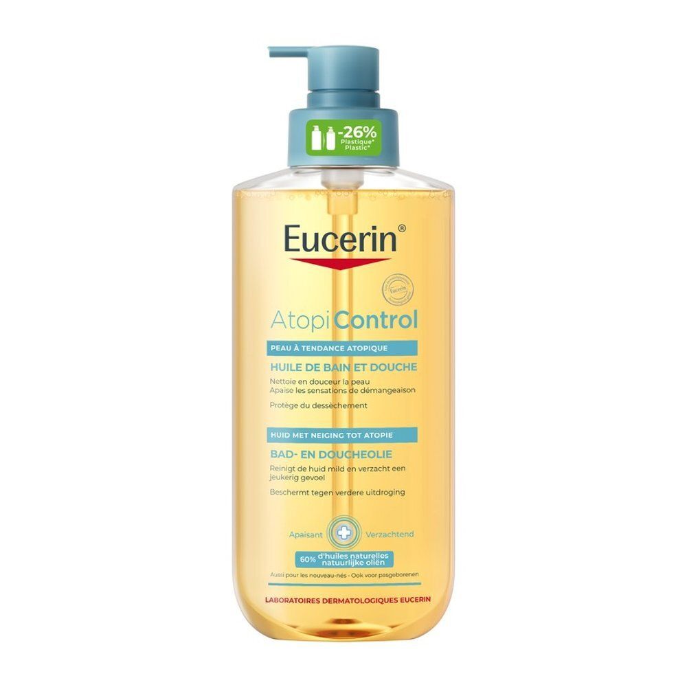 Eucerin AtopiControl Bad- und Duschöl in einer transparenten Flasche mit blauem Pumpspender. Enthält 50% natürliche Öle.
