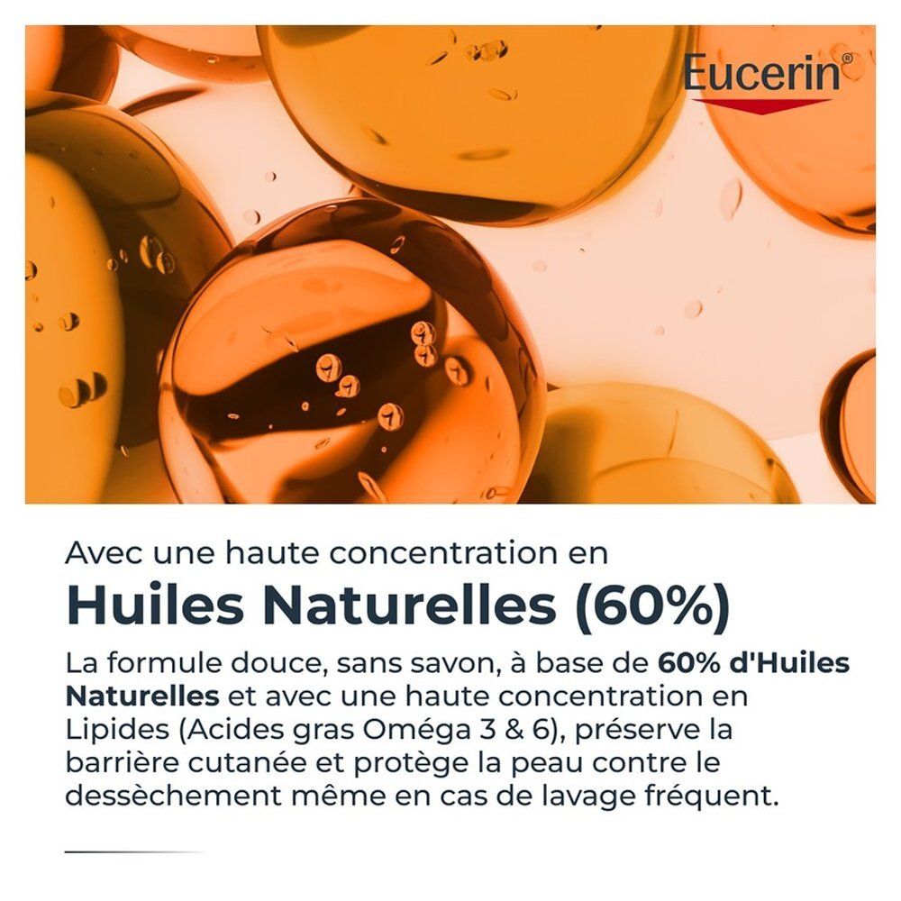 Eucerin Logo über orangen Ölblasen mit sichtbaren Partikeln.