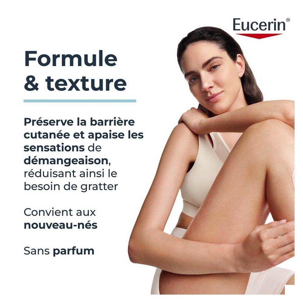 Frau mit Eucerin-Logo, Text über Formel & Textur, Hautschutz und Linderung von Juckreiz.