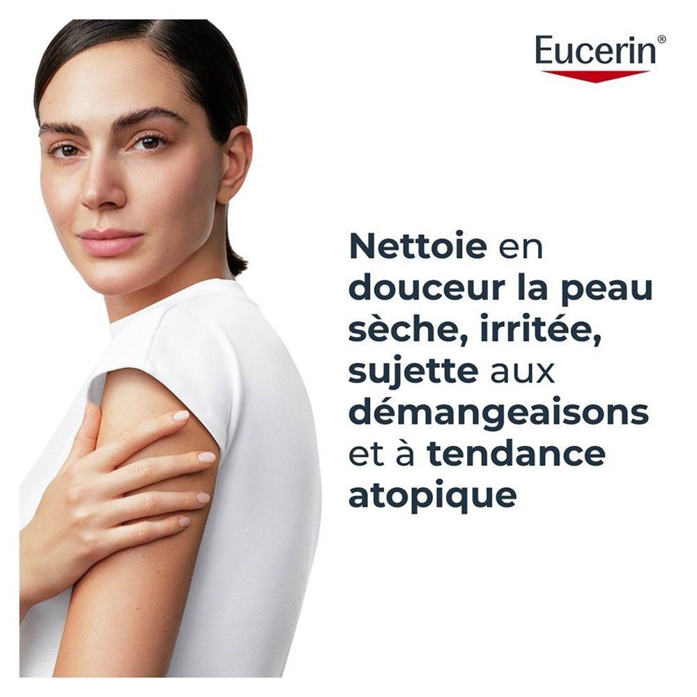 Frau mit trockener Haut, Eucerin Logo und Text.
