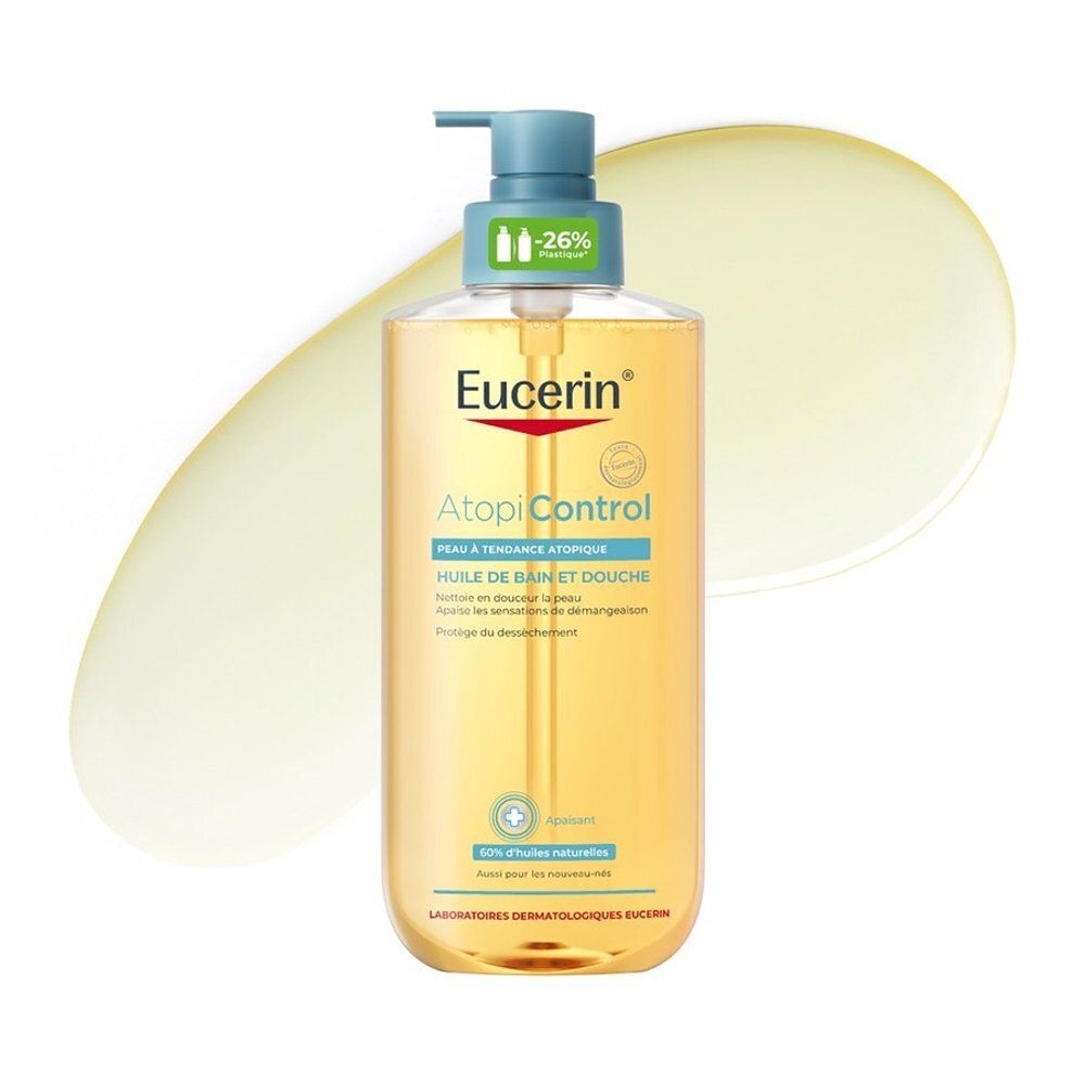 Eucerin AtopiControl Badeöl in transparenter Flasche mit Pumpspender. Gelbes Öl, Etikett mit Produktinformationen.