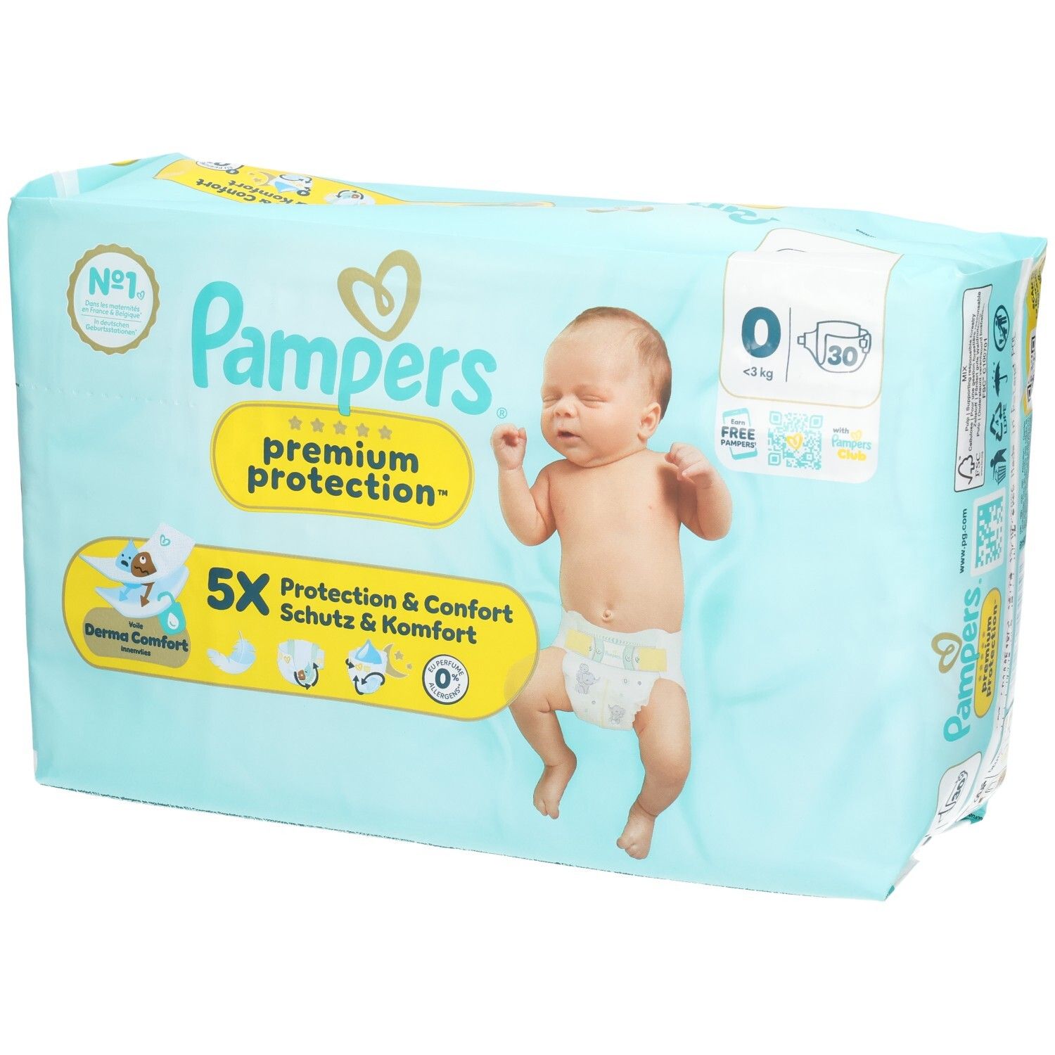 Pampers Premium Protection Windeln, Größe 0, 30 Stück. Hellblaue Verpackung mit Baby-Motiv und Produktinformationen.