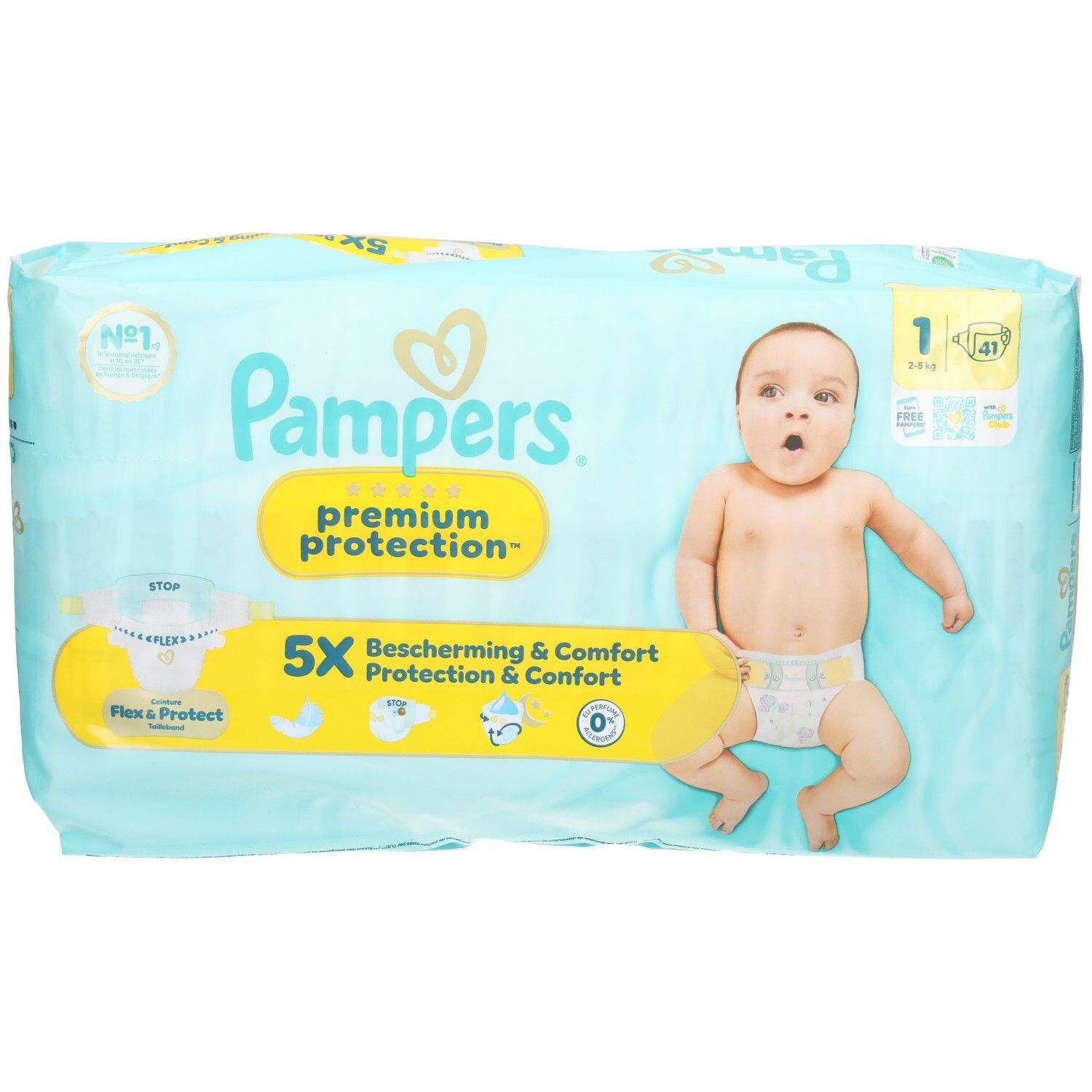 Pampers® Premium Protection™ Taille 1 Windelpackung. Hellblaue Verpackung mit Baby und Produktinformationen. 41 Windeln.