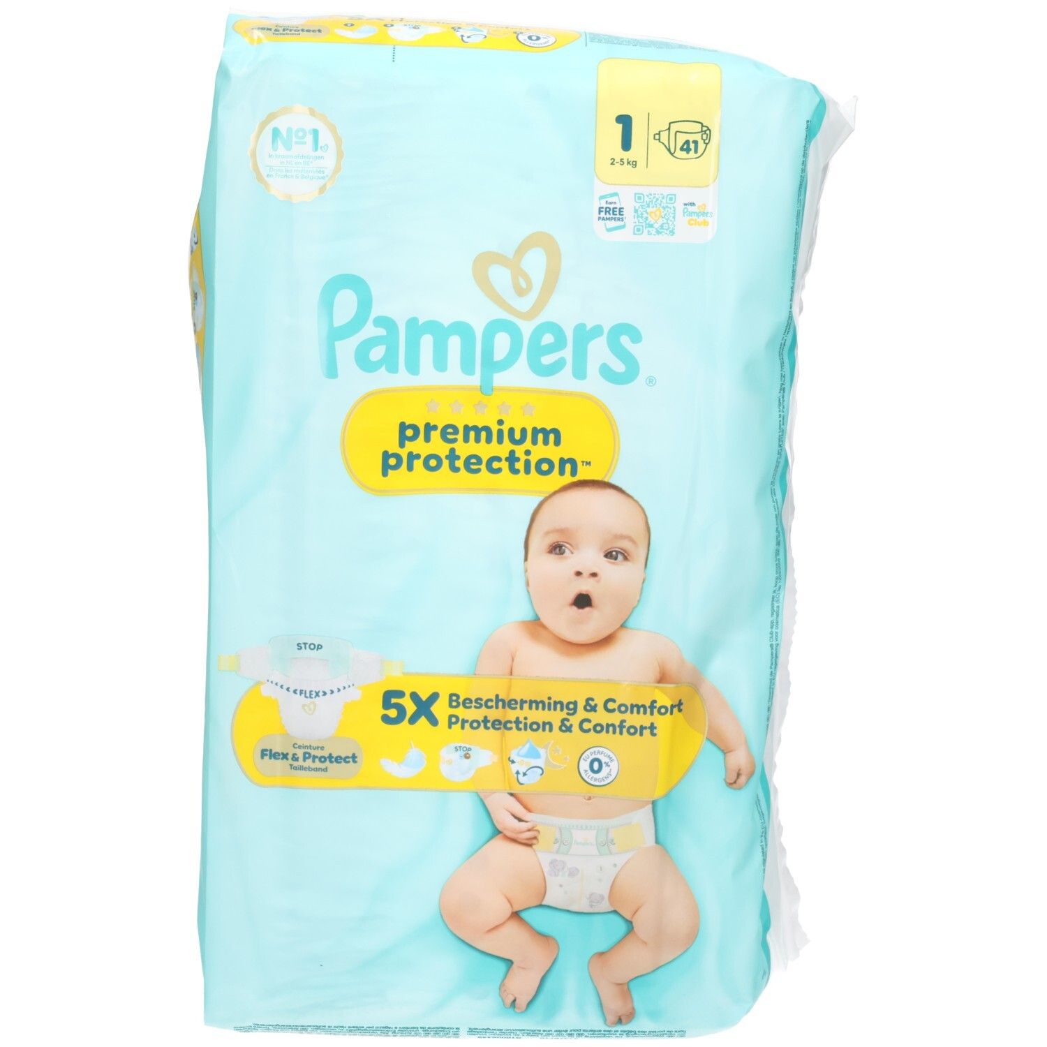 Pampers® Premium Protection™ Taille 1 Windelpackung. Hellblaue Verpackung mit Baby und Produktinformationen. 41 Windeln.