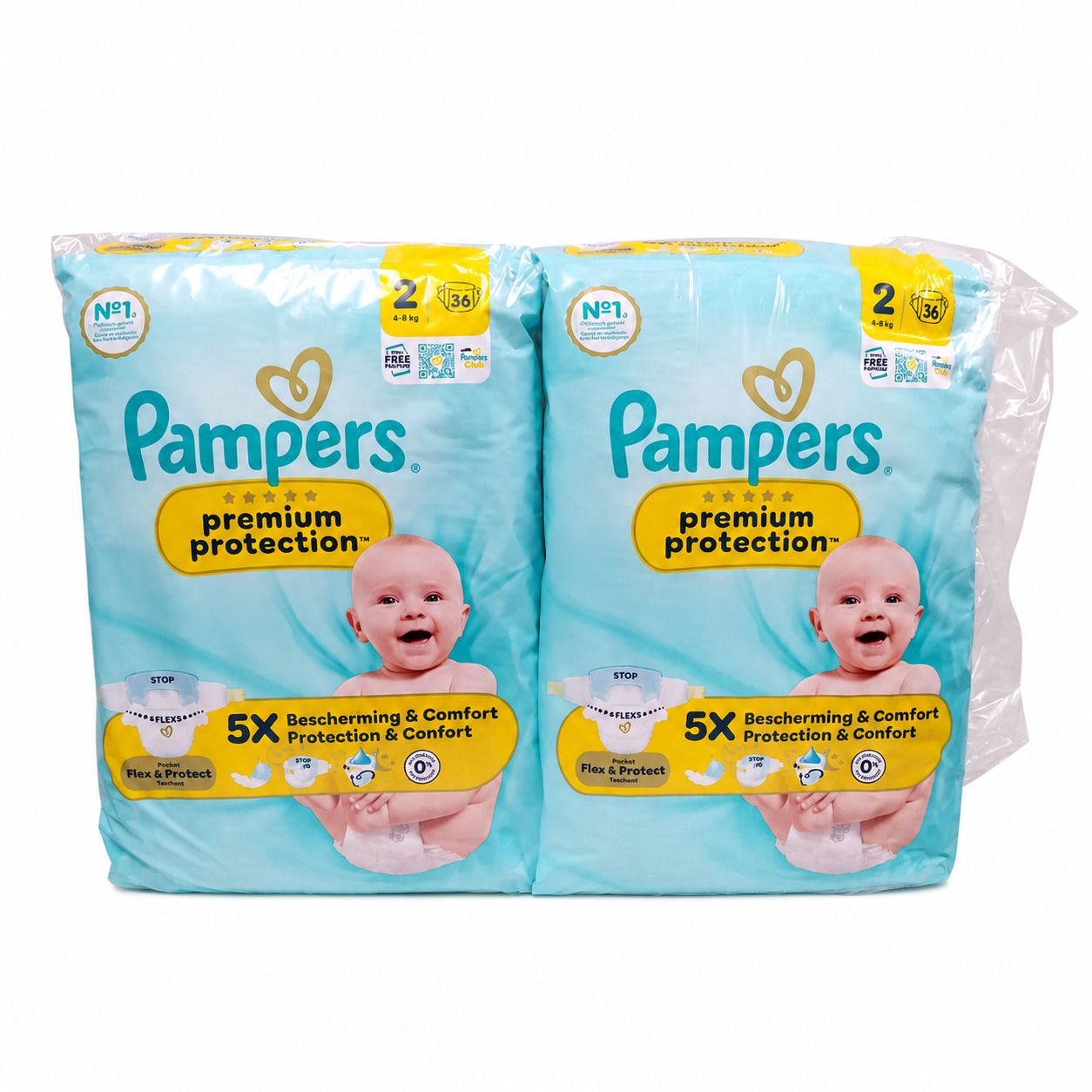 Zwei Packungen Pampers Premium Protection Windeln, Größe 2, 36 Stück pro Packung. Hellblaue Verpackung mit Baby-Motiv.