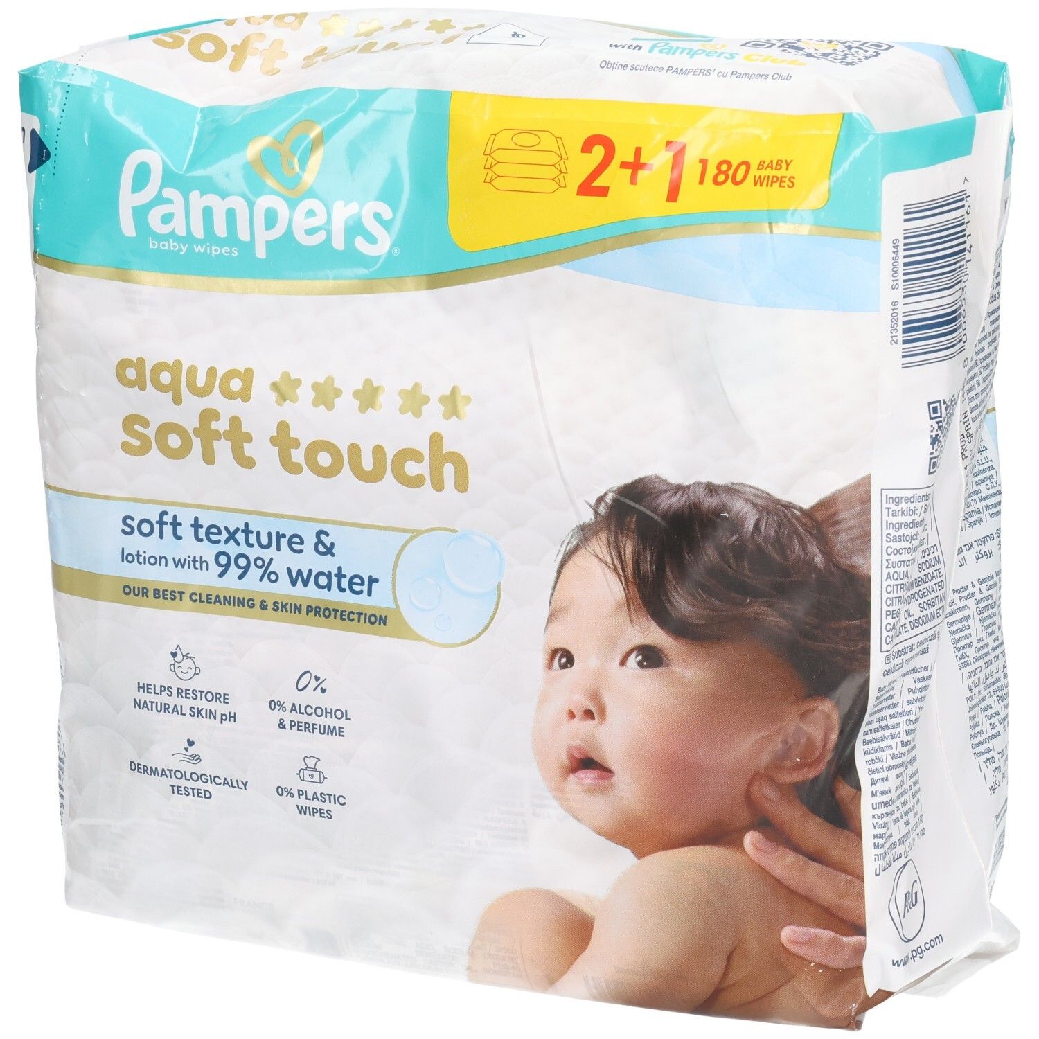 Pampers Aqua Soft Touch Baby Wipes. Packung mit 2+1. Weiche Textur und Lotion mit 99% Wasser. Dermatologisch getestet.
