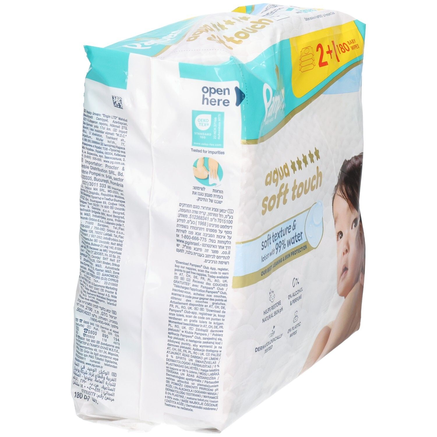 Pampers Aqua Soft Touch Baby Wipes. Packung mit 2+1. Rückseite der Verpackung mit Text und Logos. Dermatologisch getestet.