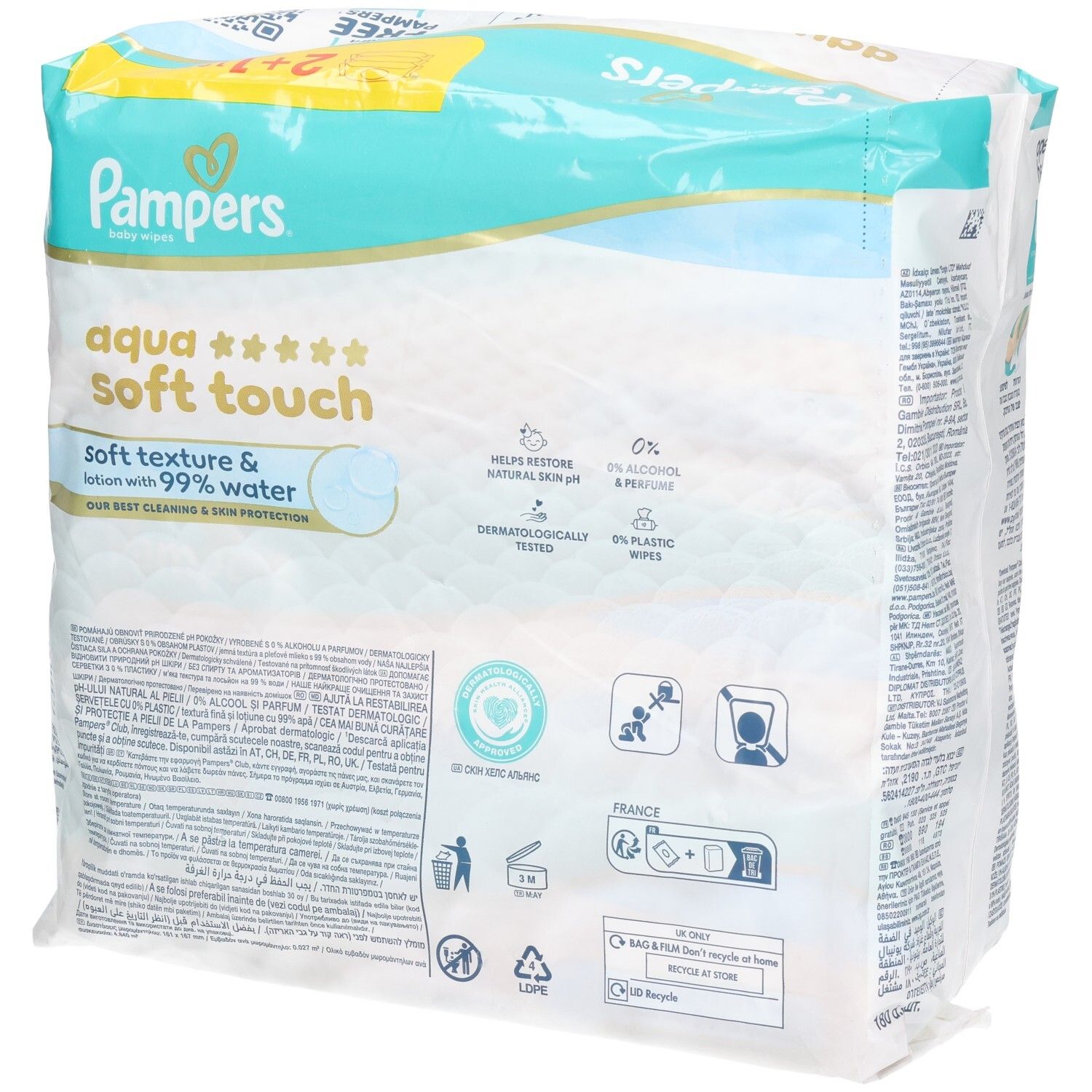 Pampers Aqua Soft Touch Baby Wipes. Packung mit 2+1. Rückseite der Verpackung mit Text und Logos. Dermatologisch getestet.