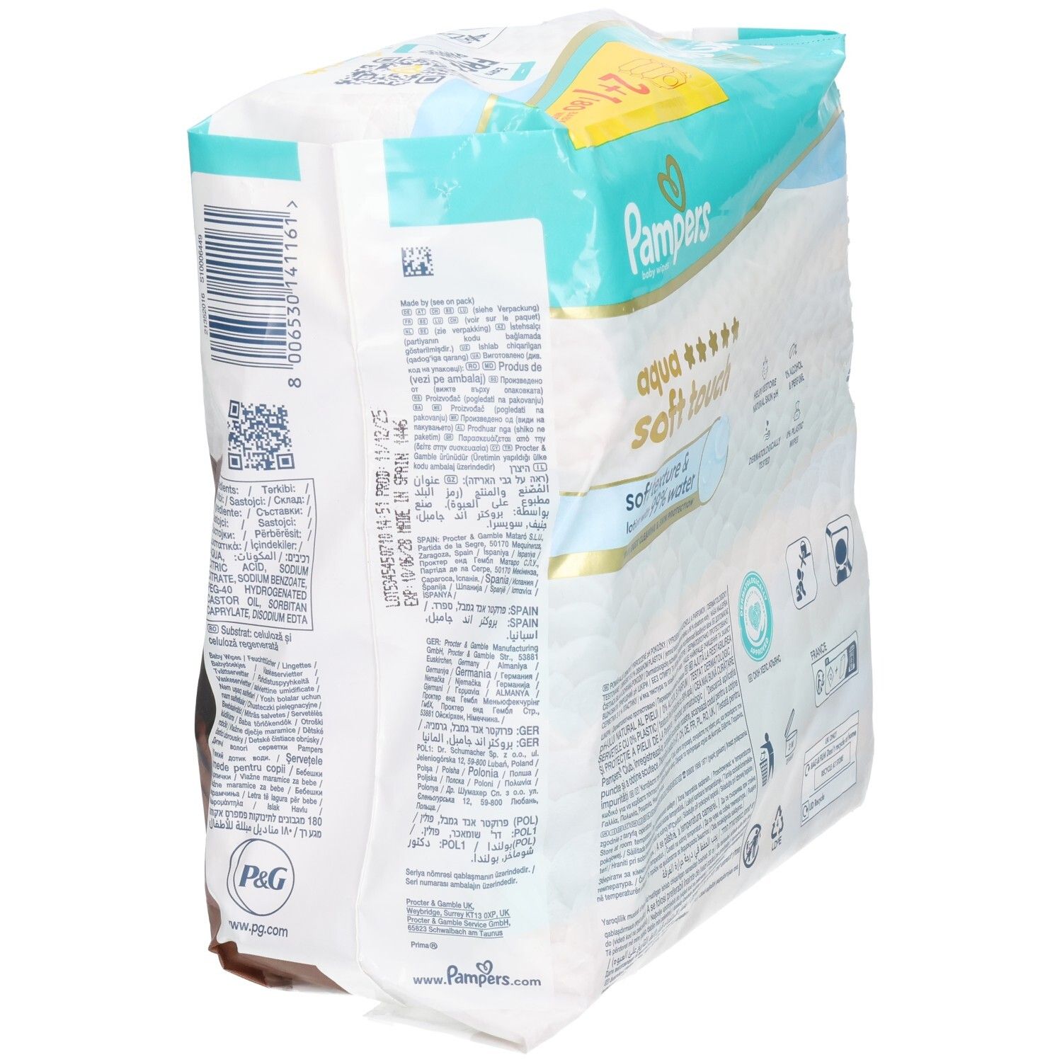 Pampers Aqua Soft Touch Baby Wipes. Packung mit 2+1. Rückseite der Verpackung mit Text und Logos. Dermatologisch getestet.