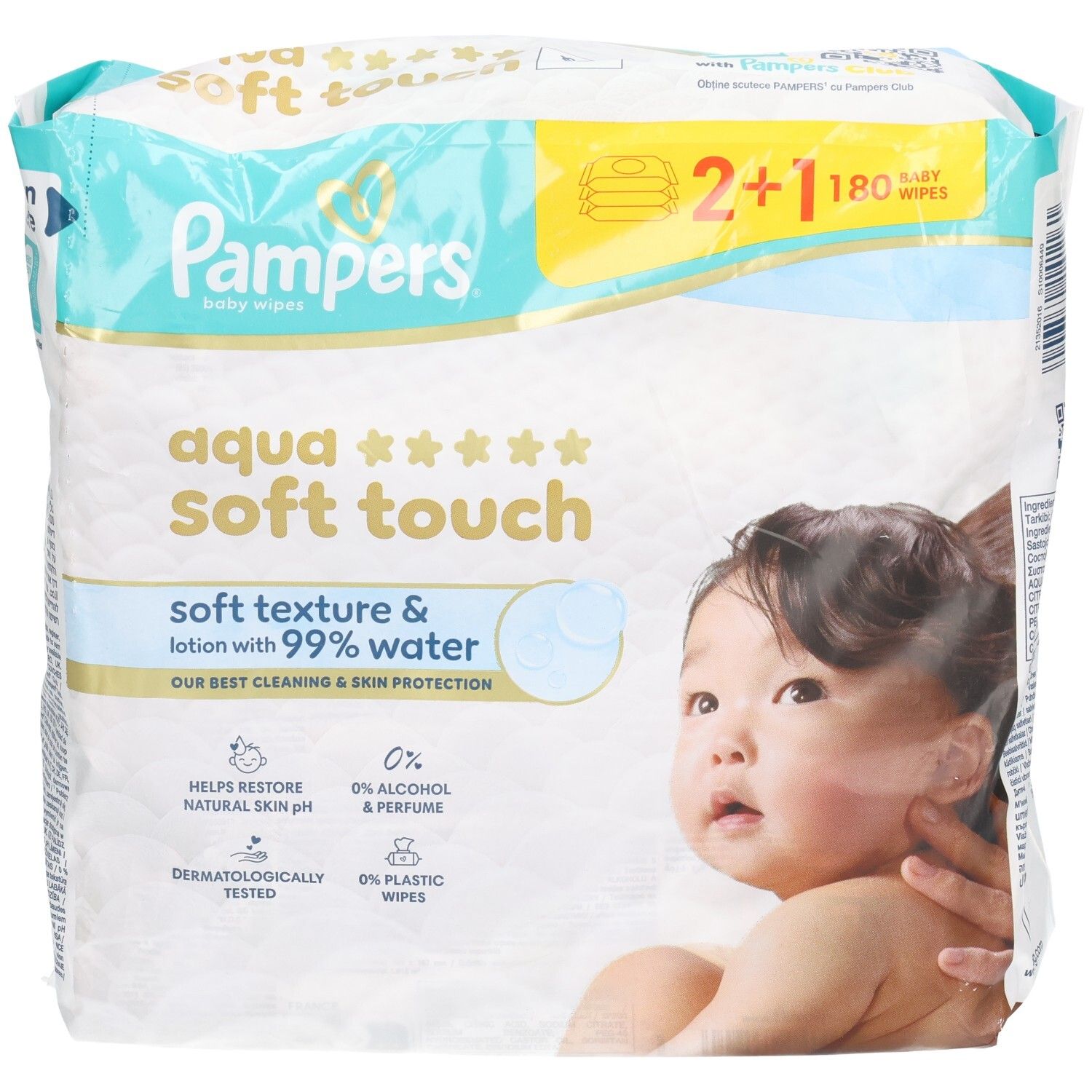 Pampers Aqua Soft Touch Baby Wipes. Packung mit 2+1. Weiche Textur und Lotion mit 99% Wasser. Dermatologisch getestet.