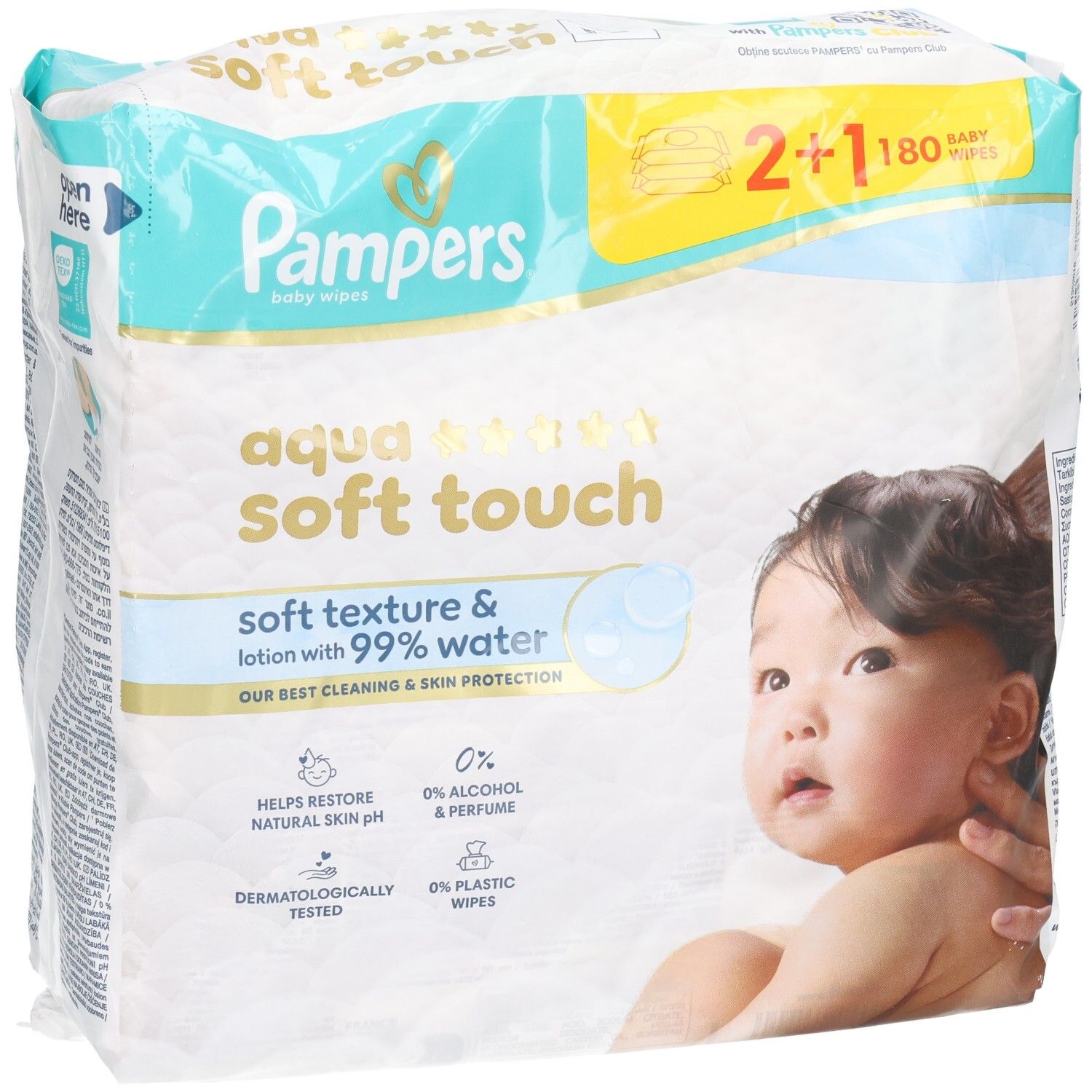 Pampers Aqua Soft Touch Baby Wipes. Packung mit 2+1. Weiche Textur und Lotion mit 99% Wasser. Dermatologisch getestet.