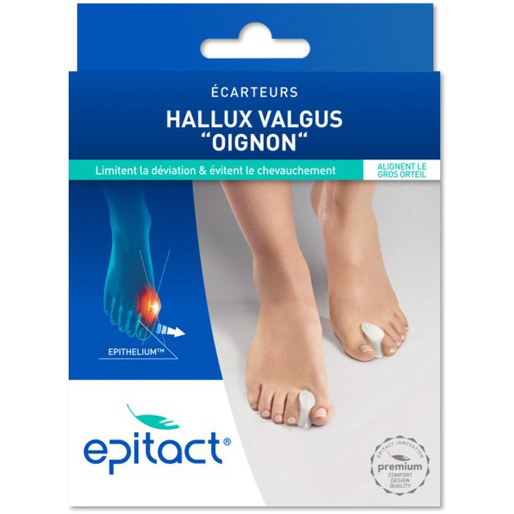 Boîte Epitact pour écarteurs d'orteils. Emballage bleu et blanc avec illustration de pied. Texte : Écarteurs, Hallux Valgus, Epitact.