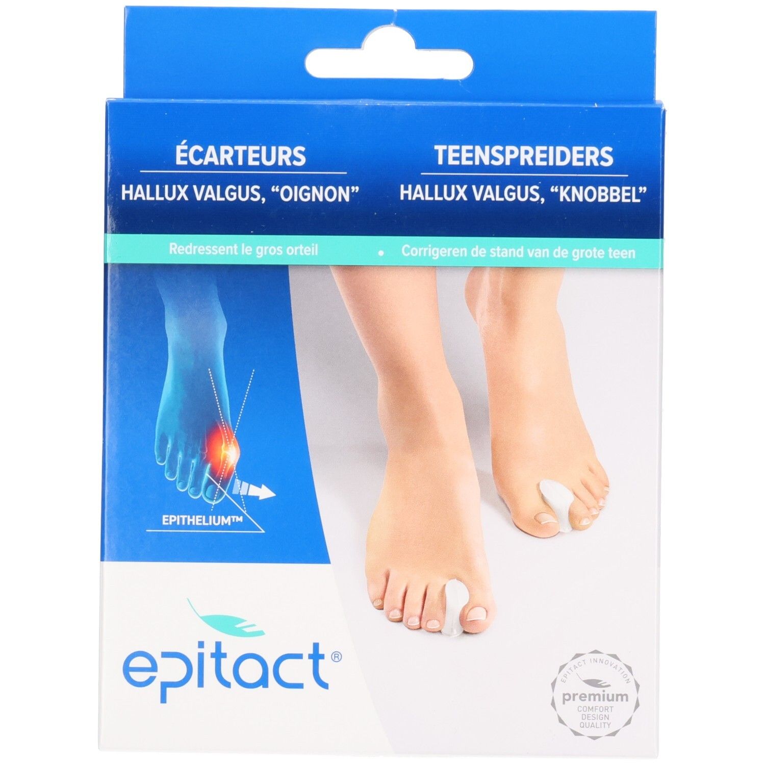 Verpackung mit Epitact-Zehenspreizern. Blaue und weiße Schachtel mit Produktabbildung und Fuß. Text: Écarteurs, Hallux Valgus, Epithelium, Premium.