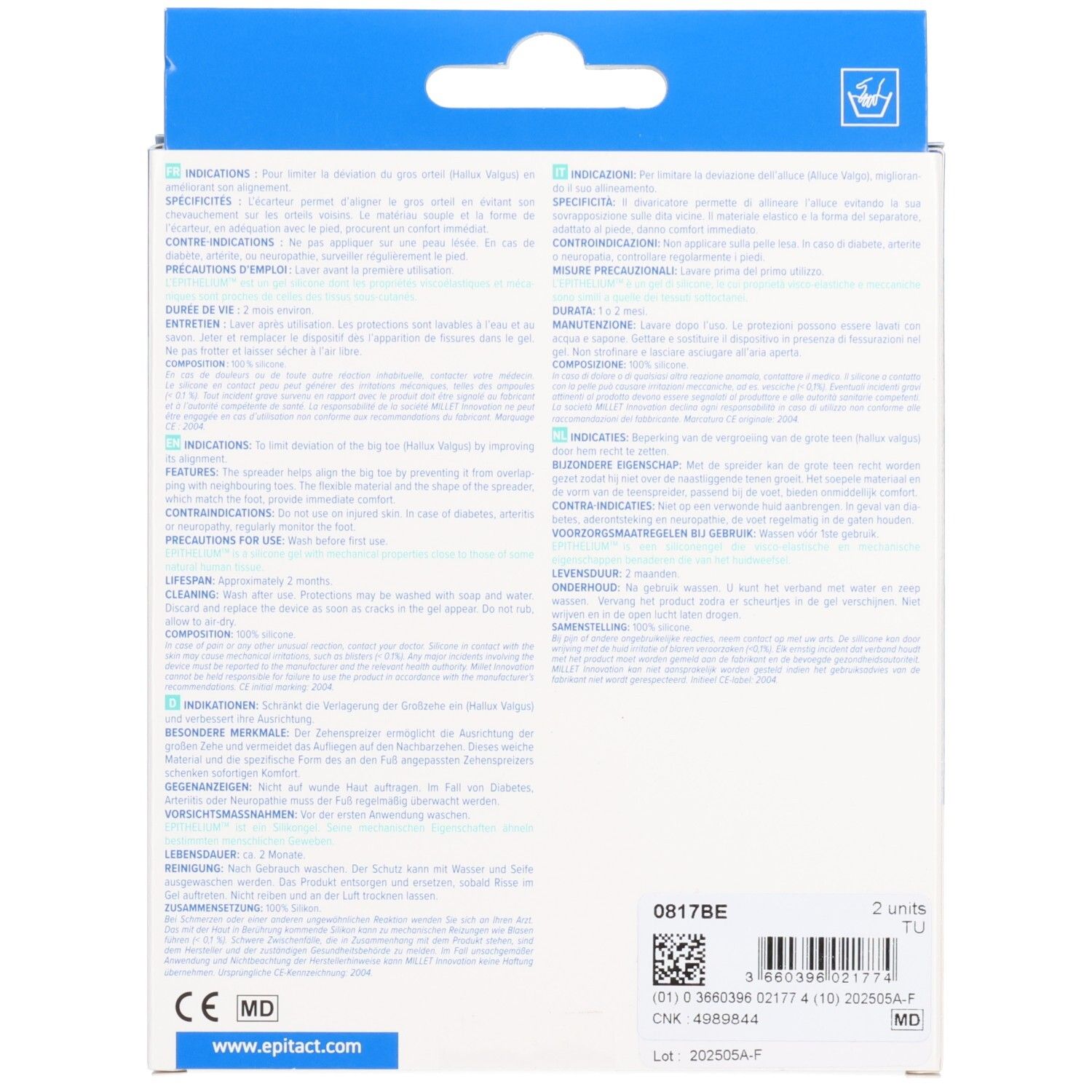 Rückseite der Epitact-Verpackung. Text in mehreren Sprachen. Enthält Informationen zu Indikationen, Gebrauchsanweisung und Inhaltsstoffen. CE-Kennzeichnung.