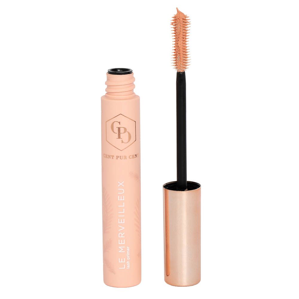 Tube de mascara ouvert avec brosse. Tube rose, brosse noire, bouchon argenté. Inscription: LE MERVEILLEUX.