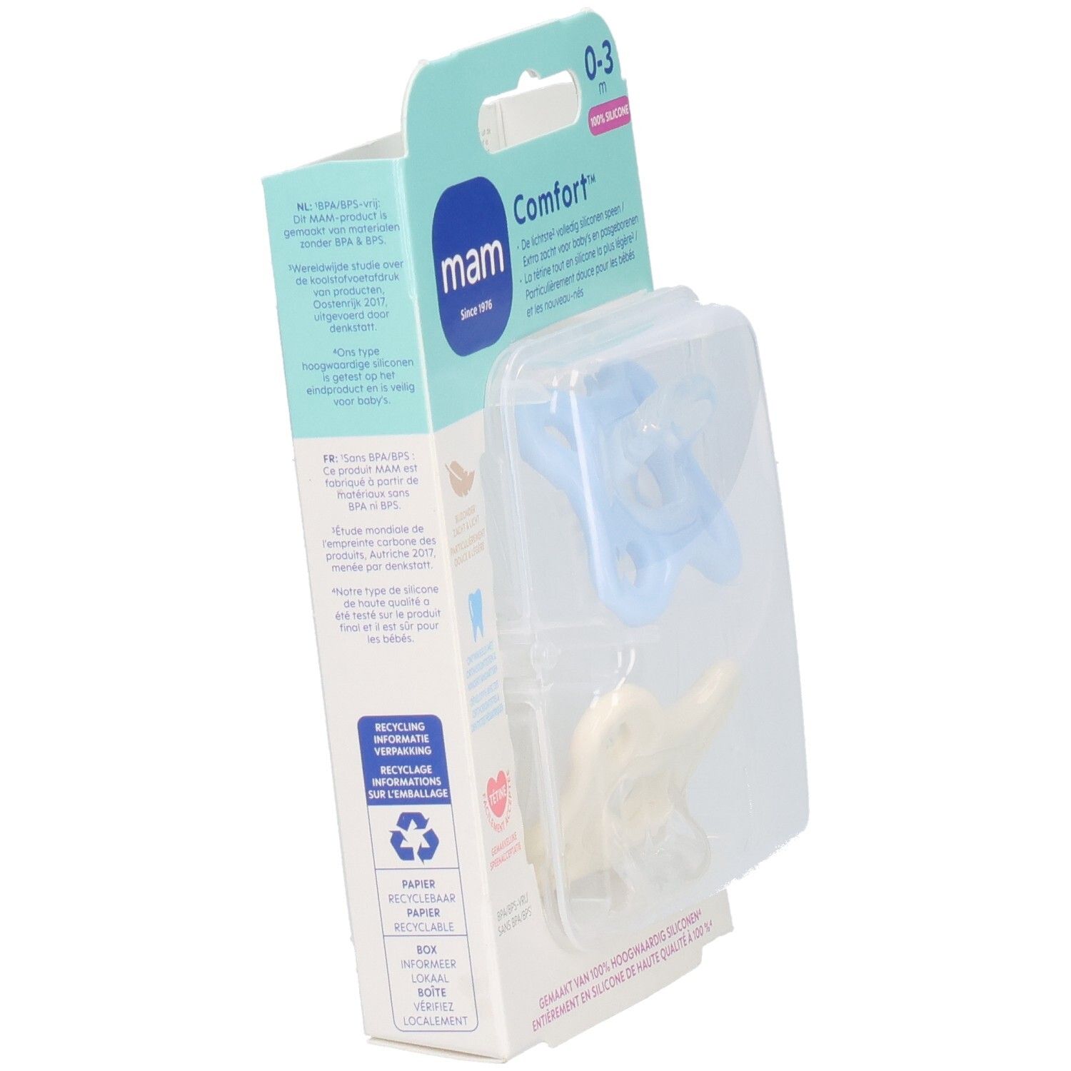 Verpackung mit zwei MAM Comfort Schnullern 0-3 Monate. Blau und cremefarben, in transparenter Plastikverpackung. Marke MAM.