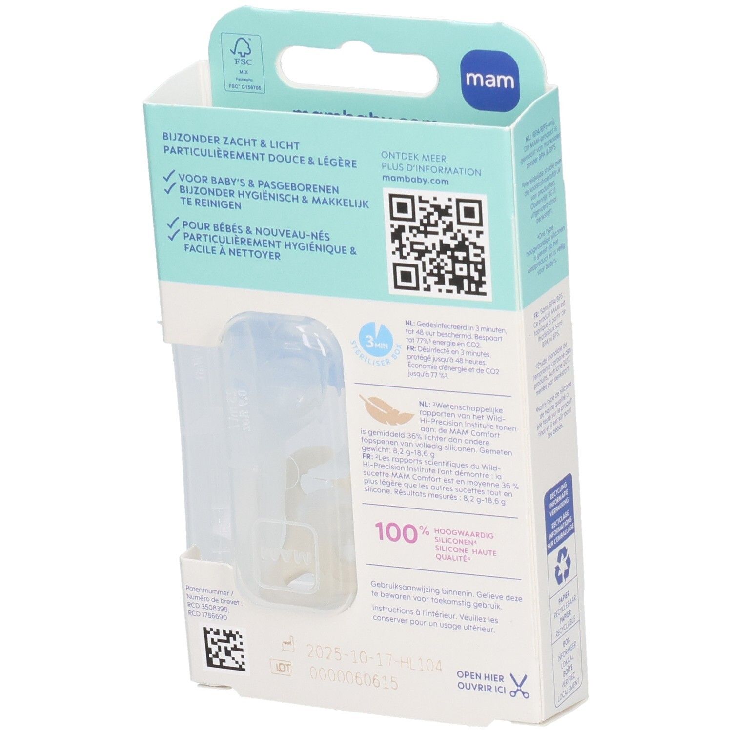 Rückseite der Verpackung mit zwei MAM Comfort Schnullern 0-3 Monate. Informationen in verschiedenen Sprachen, QR-Code. Marke MAM.