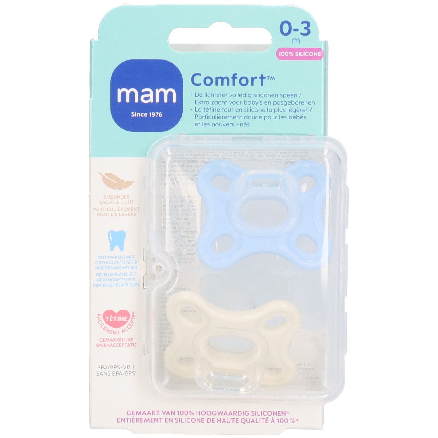 Verpackung mit zwei MAM Comfort Schnullern 0-3 Monate. Blau und cremefarben, in transparenter Plastikverpackung. Marke MAM.