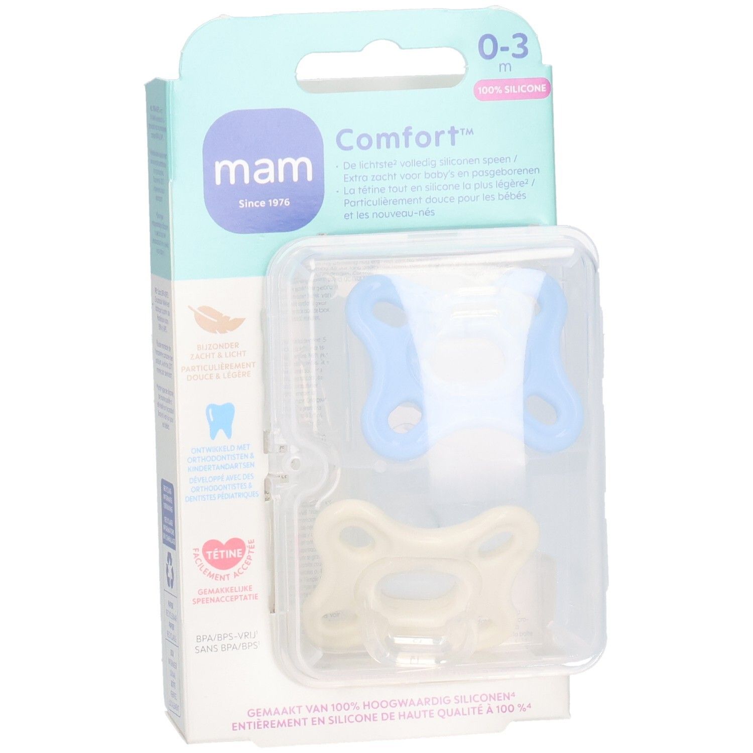 Verpackung mit zwei MAM Comfort Schnullern 0-3 Monate. Blau und cremefarben, in transparenter Plastikverpackung. Marke MAM.