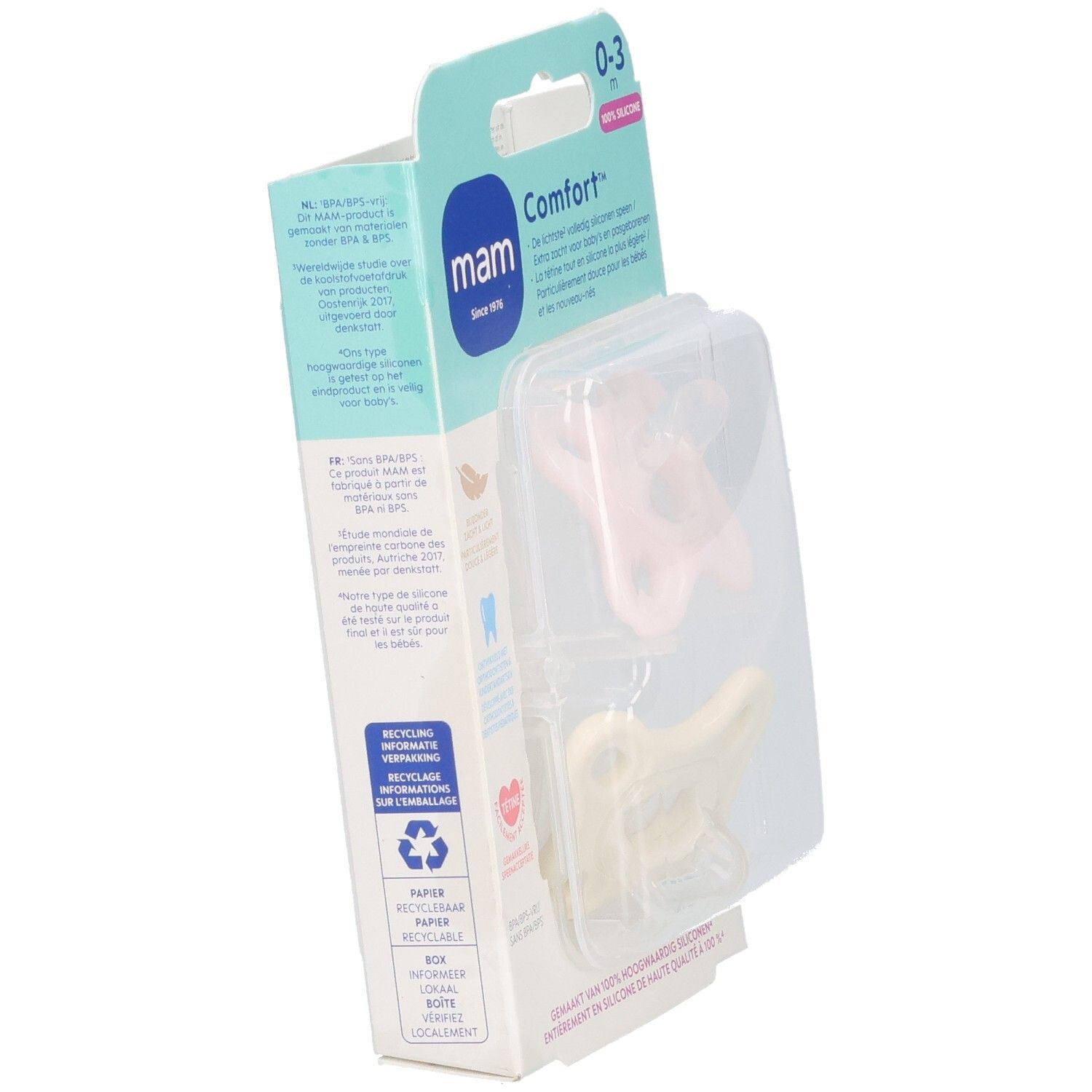 Verpackung von MAM Comfort Pink Sucettes 0-3 mois. Die Verpackung zeigt Informationen und das Produkt in einer transparenten Kunststoffverpackung.