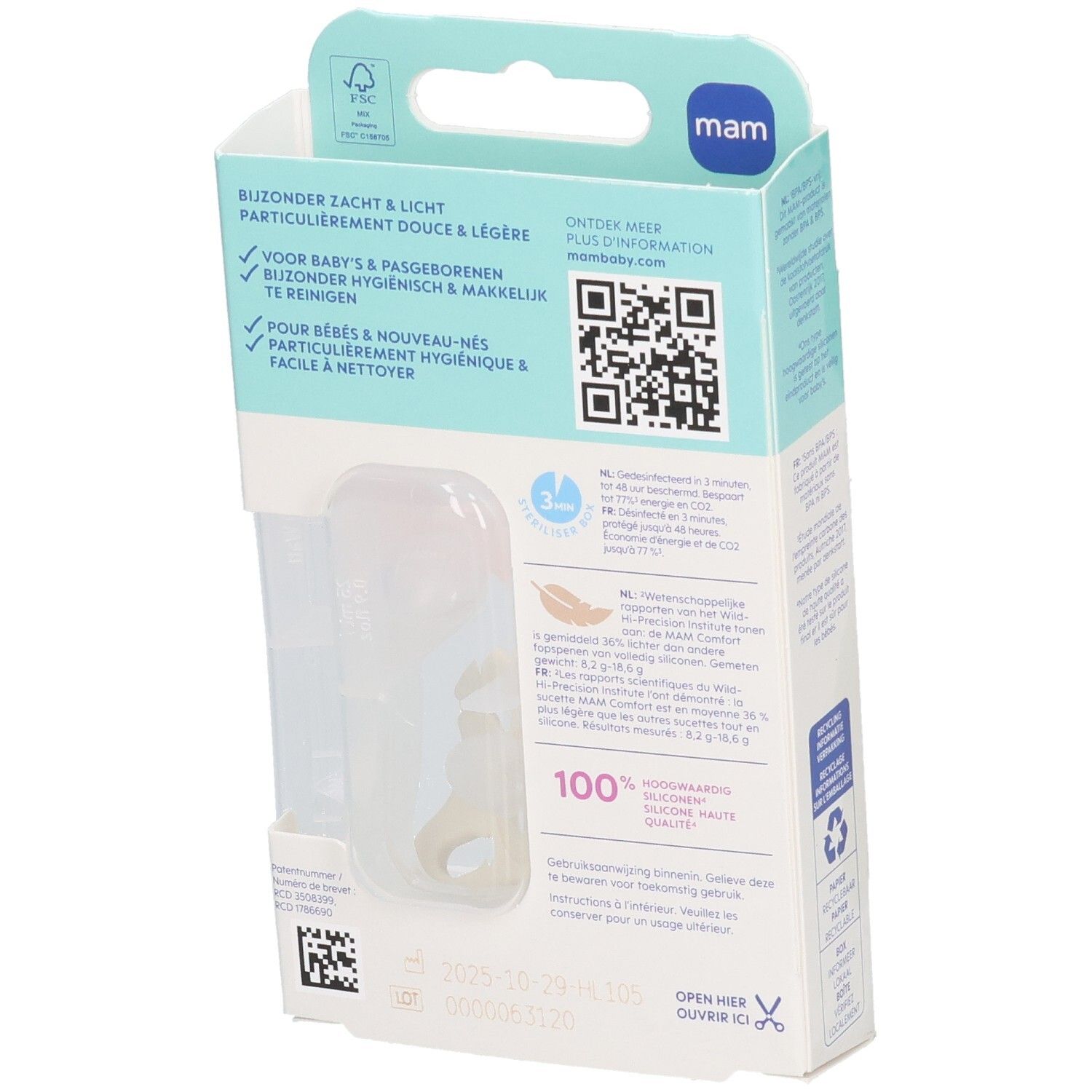 Rückseite der Verpackung von MAM Comfort Pink Sucettes 0-3 mois. Informationen und QR-Code sind sichtbar. Das Produkt ist nicht sichtbar.