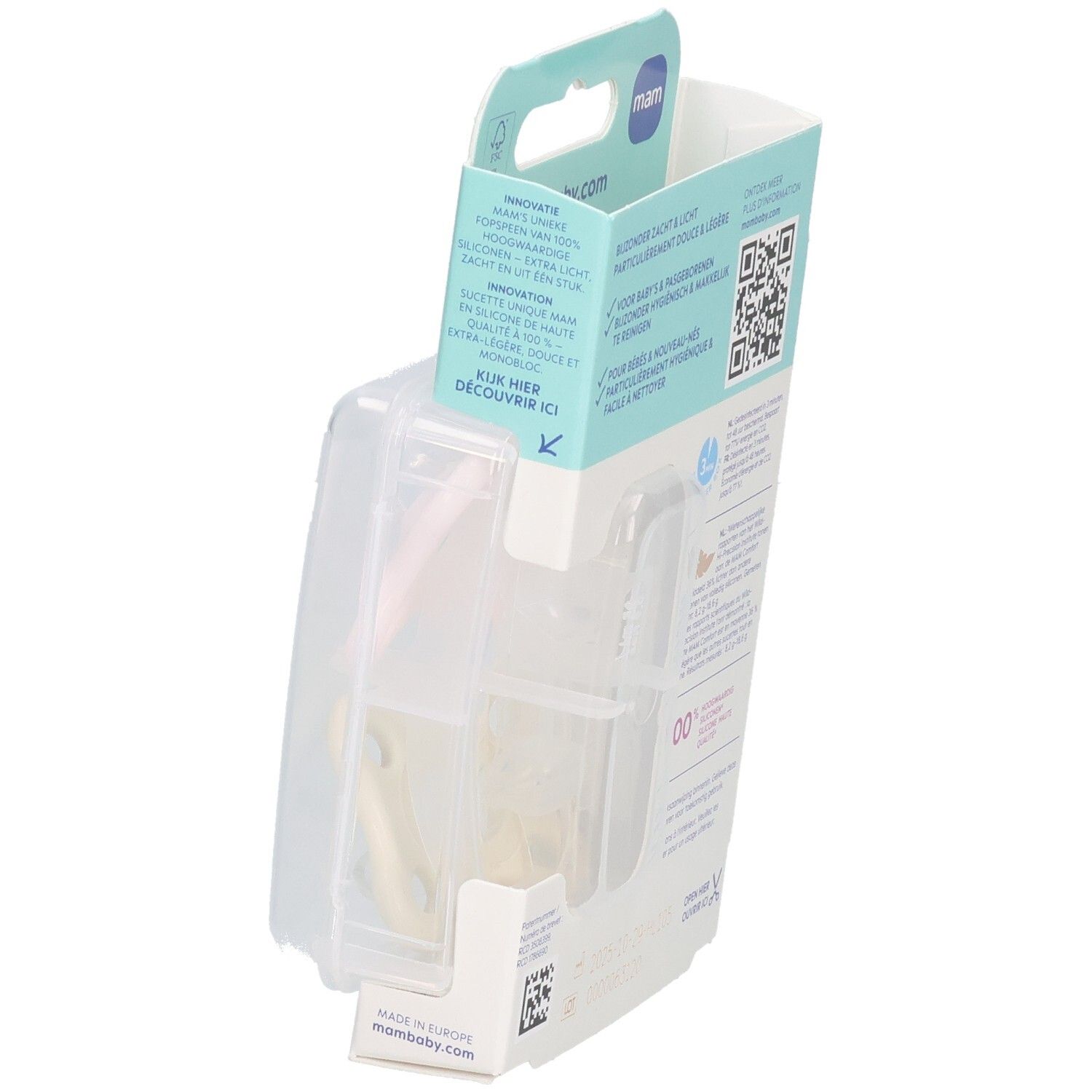 Verpackung von MAM Comfort Pink Sucettes 0-3 mois. Die Verpackung zeigt Informationen und das Produkt in einer transparenten Kunststoffverpackung.