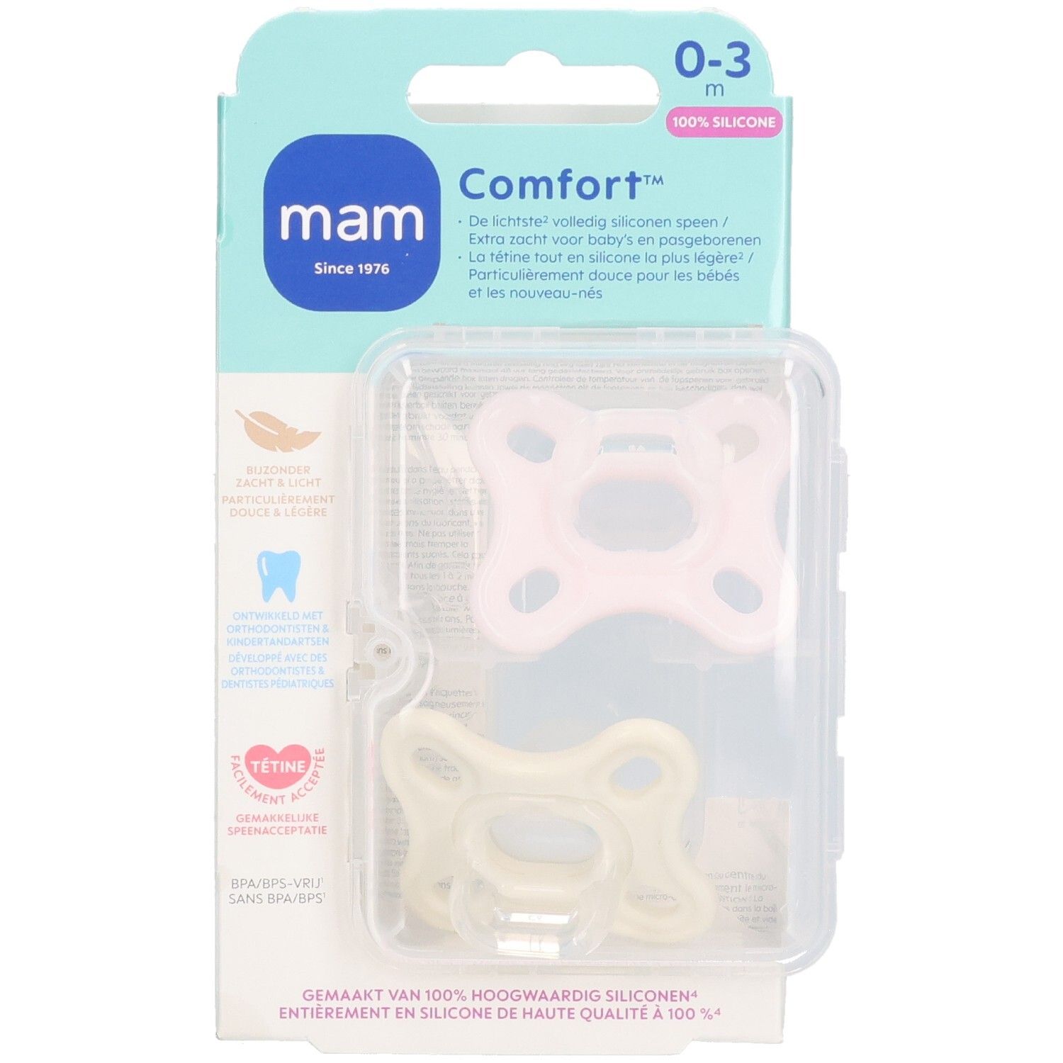 Verpackung mit zwei MAM Comfort Pink Sucettes 0-3 mois. Zwei Schnuller in transparentem Kunststoff verpackt. Marke und Produktbezeichnung sichtbar.