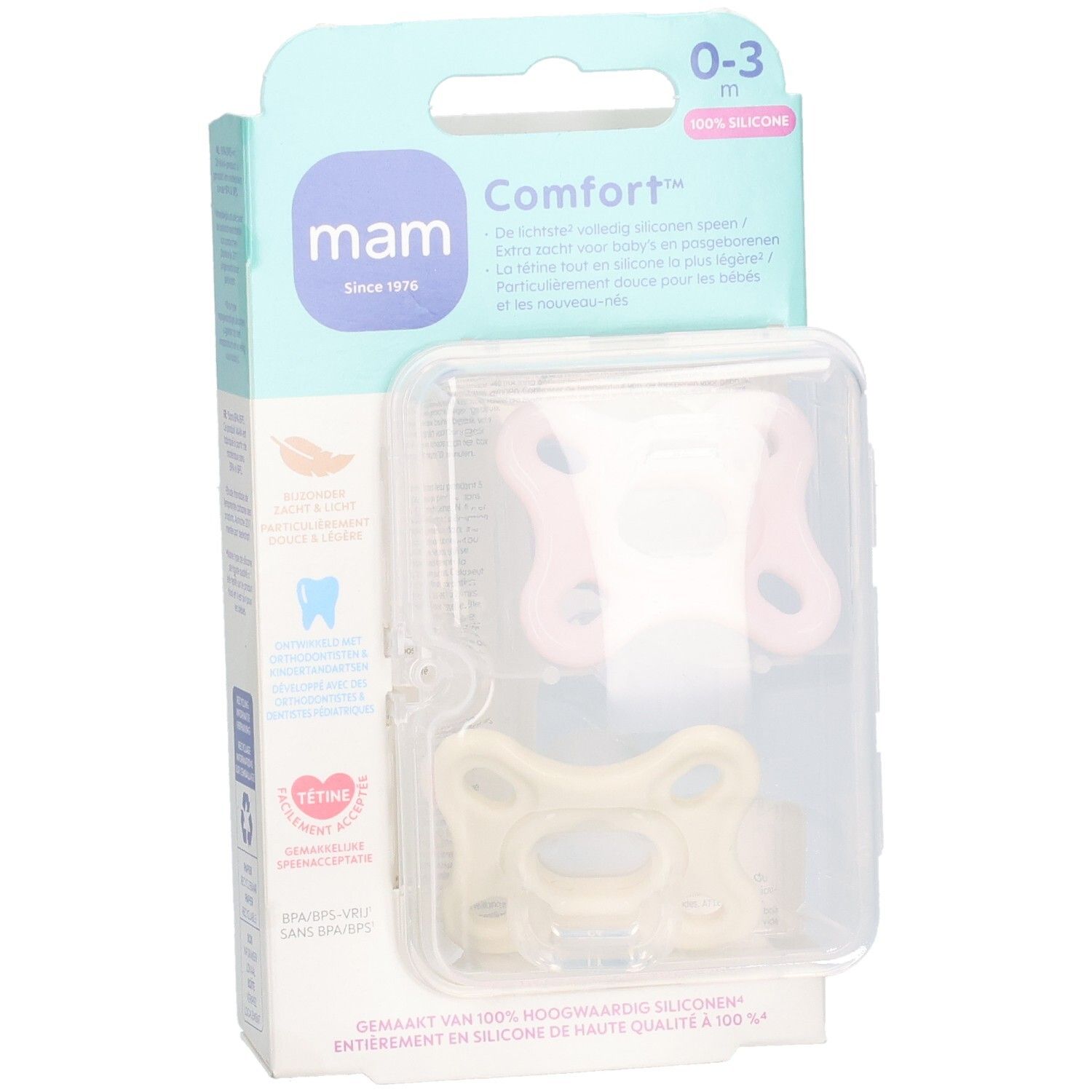 Verpackung mit zwei MAM Comfort Pink Sucettes 0-3 mois. Zwei Schnuller in transparentem Kunststoff verpackt. Marke und Produktbezeichnung sichtbar.