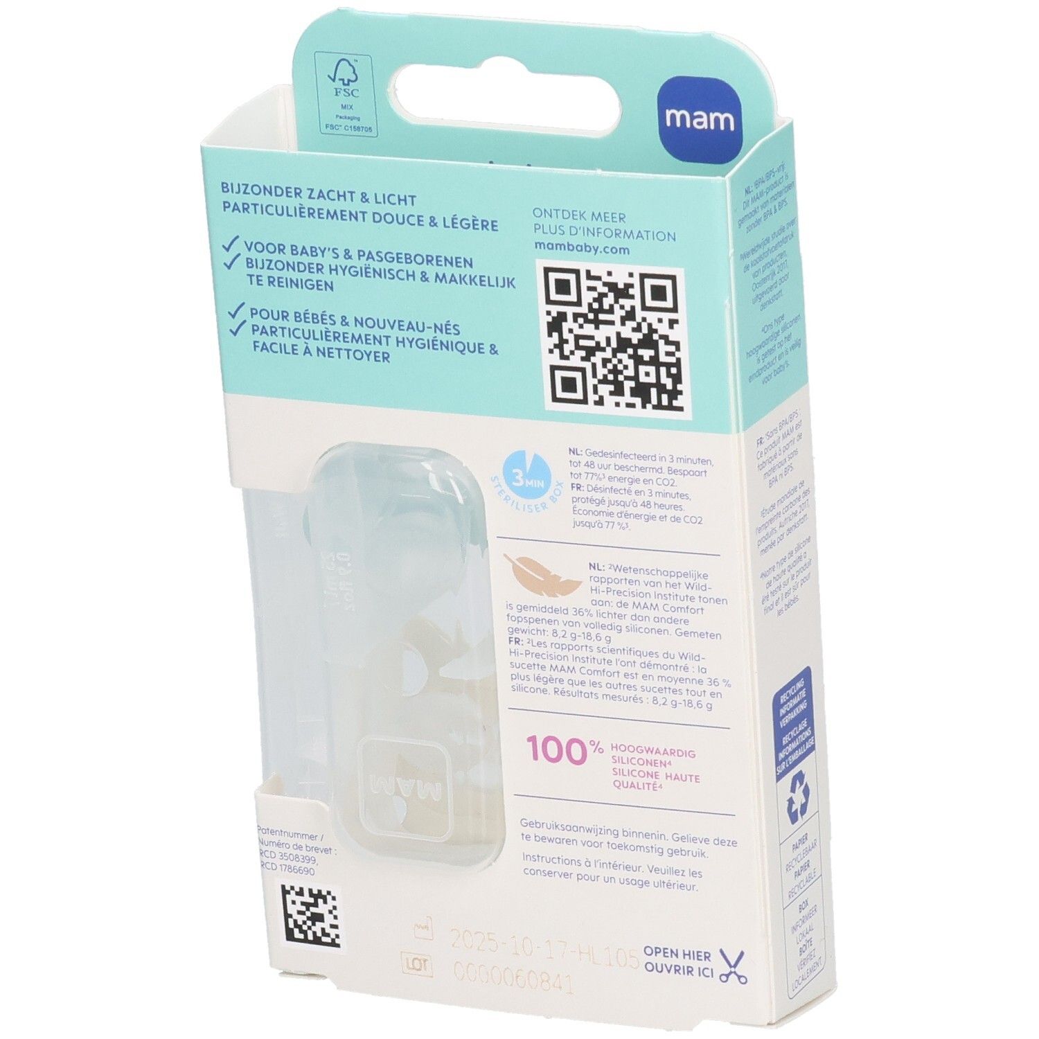 Rückseite der Verpackung mit zwei MAM Comfort Schnullern. Informationen in mehreren Sprachen. QR-Code und Recycling-Symbole.