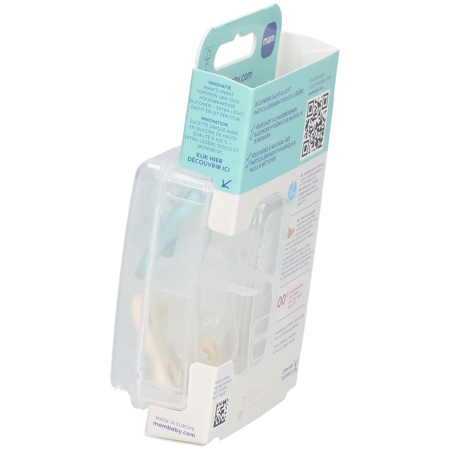 Verpackung mit zwei MAM Comfort Schnullern. Informationen in mehreren Sprachen. QR-Code und Recycling-Symbole. Ansicht von der Seite.