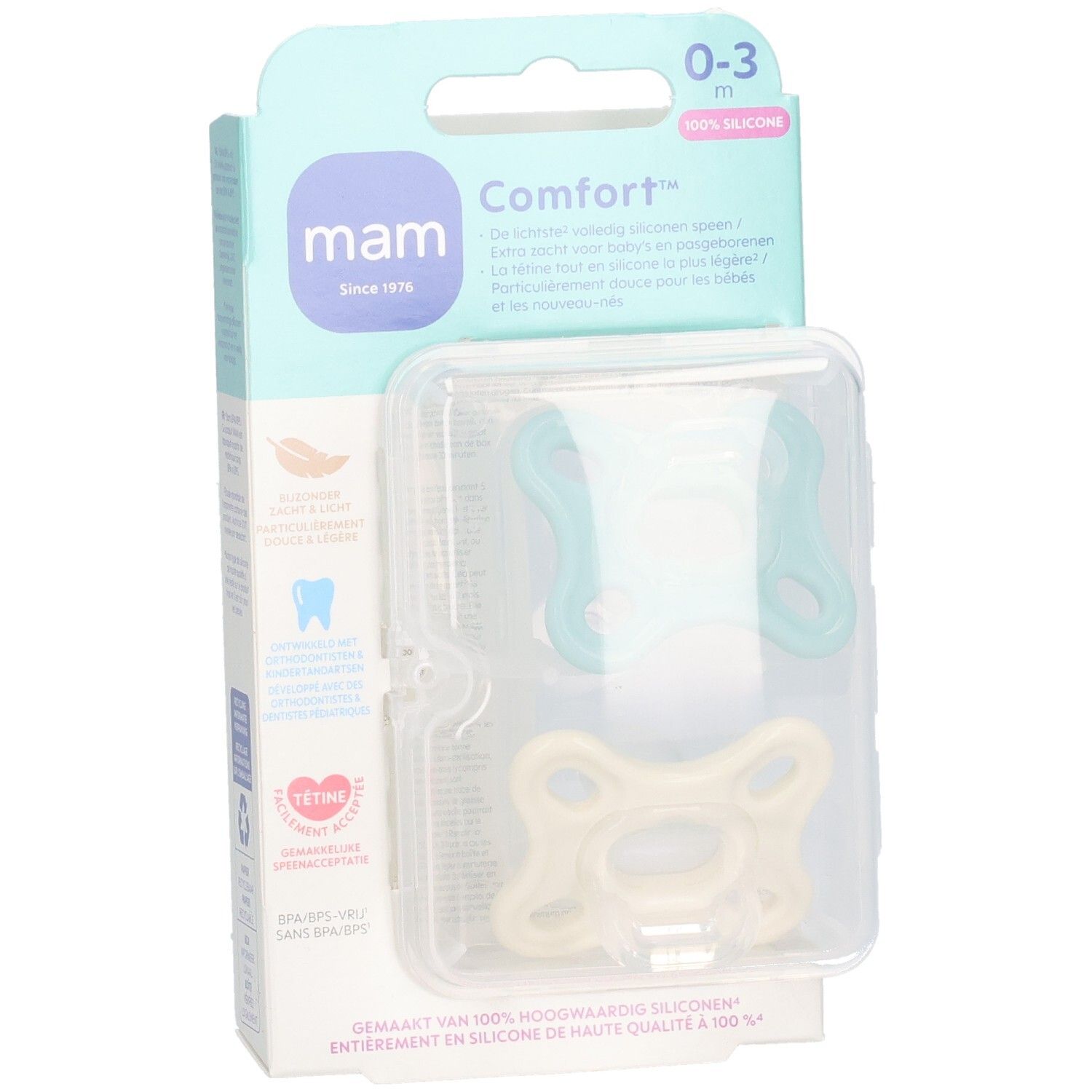 Zwei MAM Comfort Schnuller 0-3 Monate in Verpackung. Hellblauer und cremefarbener Silikon-Schnuller. Verpackung mit Logo.