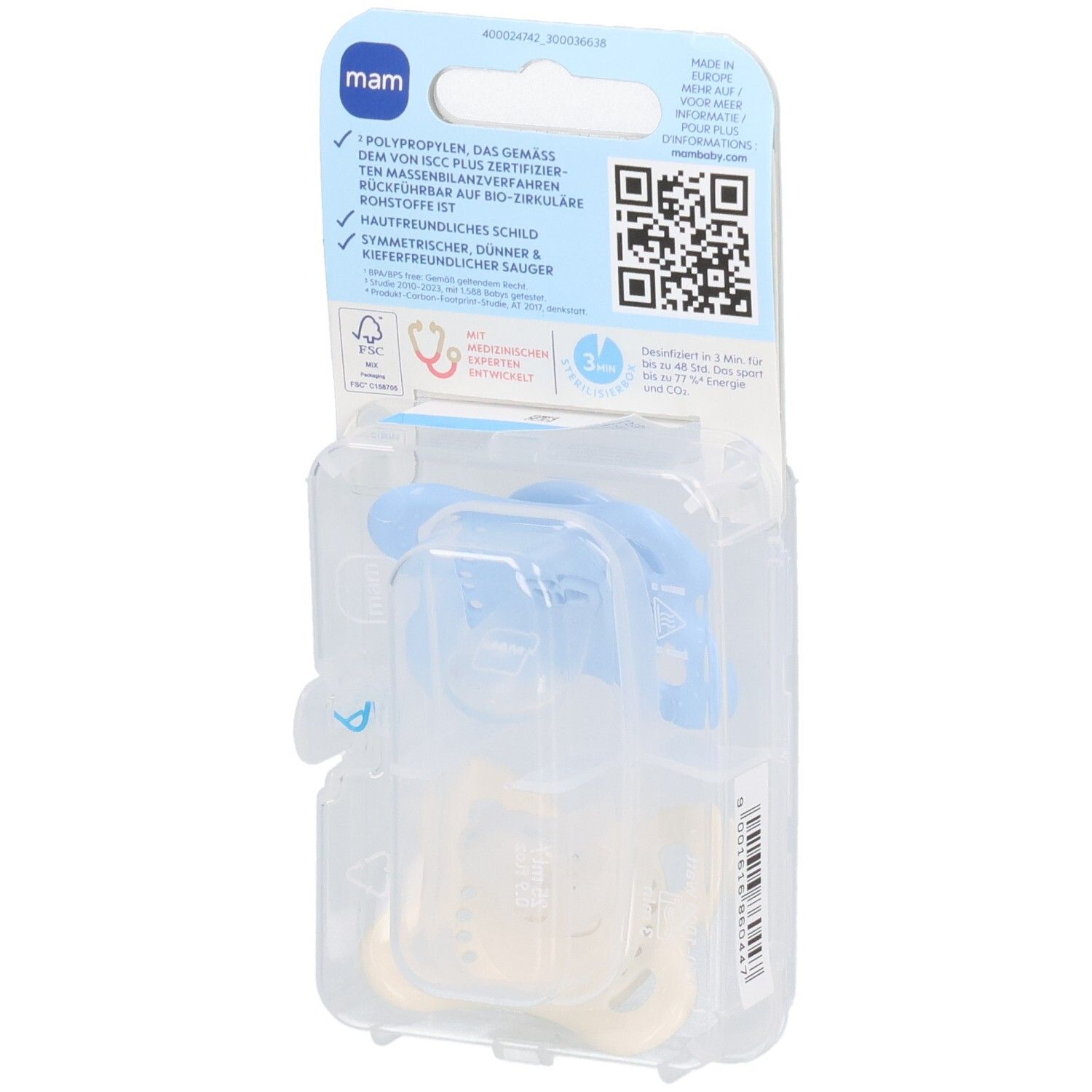 Rückseite der MAM Original Schnuller-Verpackung. Informationen und QR-Code. Alter 0-6 Monate. BPA/BPS-frei.