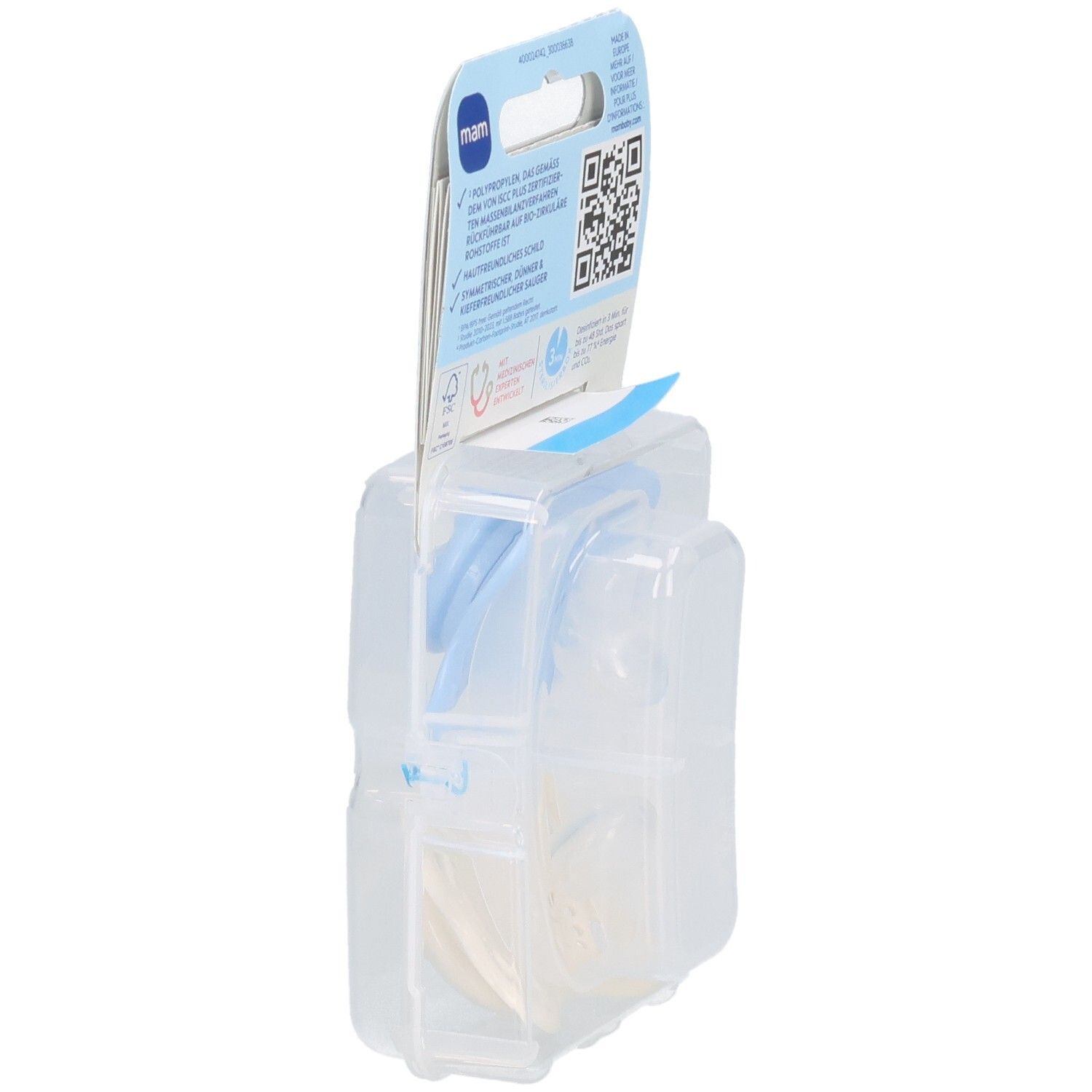 Rückseite der MAM Original Schnuller-Verpackung. Blaue Schnuller sichtbar. Alter 0-6 Monate. Kunststoffverpackung.