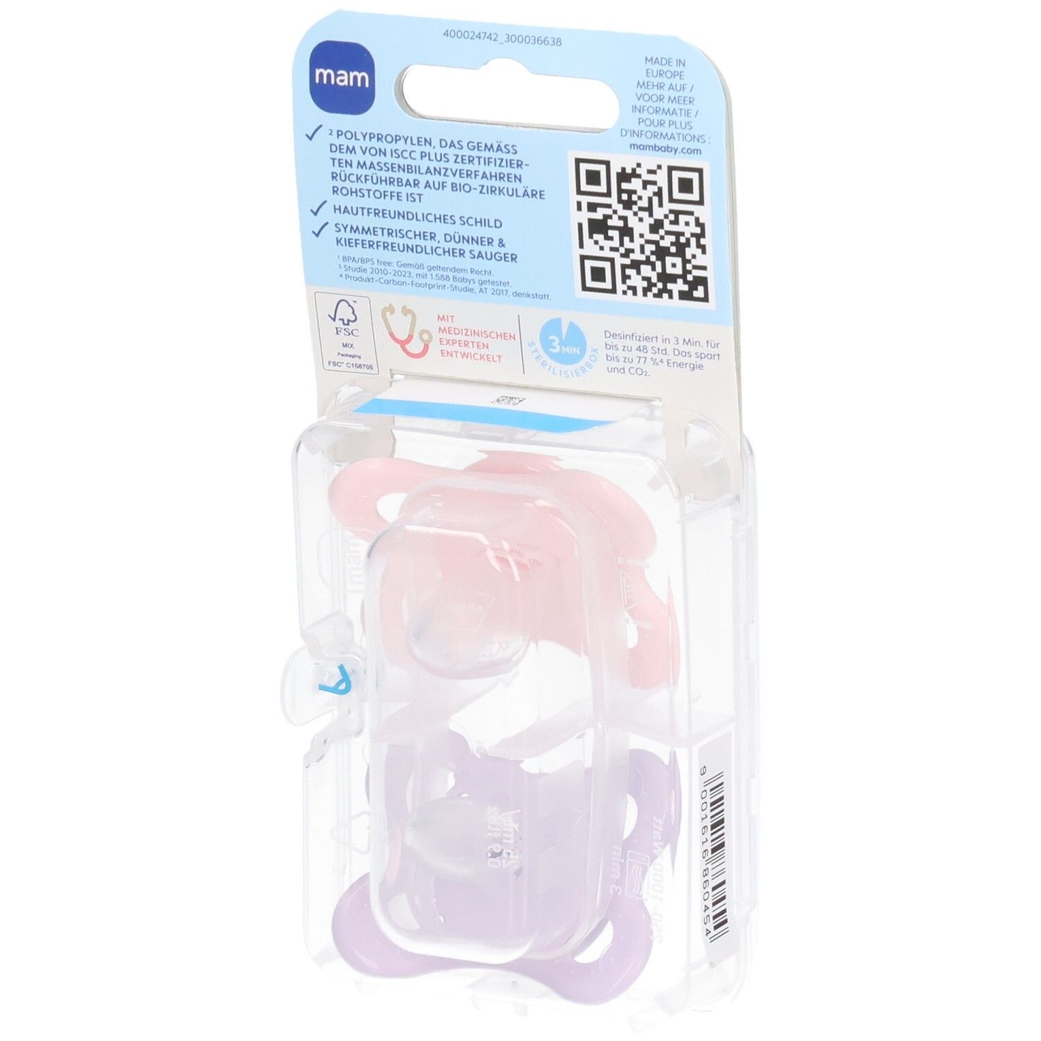 Rückseite der Verpackung mit zwei Schnullern. Rosa und lila Silikon. Marke MAM, Original. Alter 0-6 Monate.