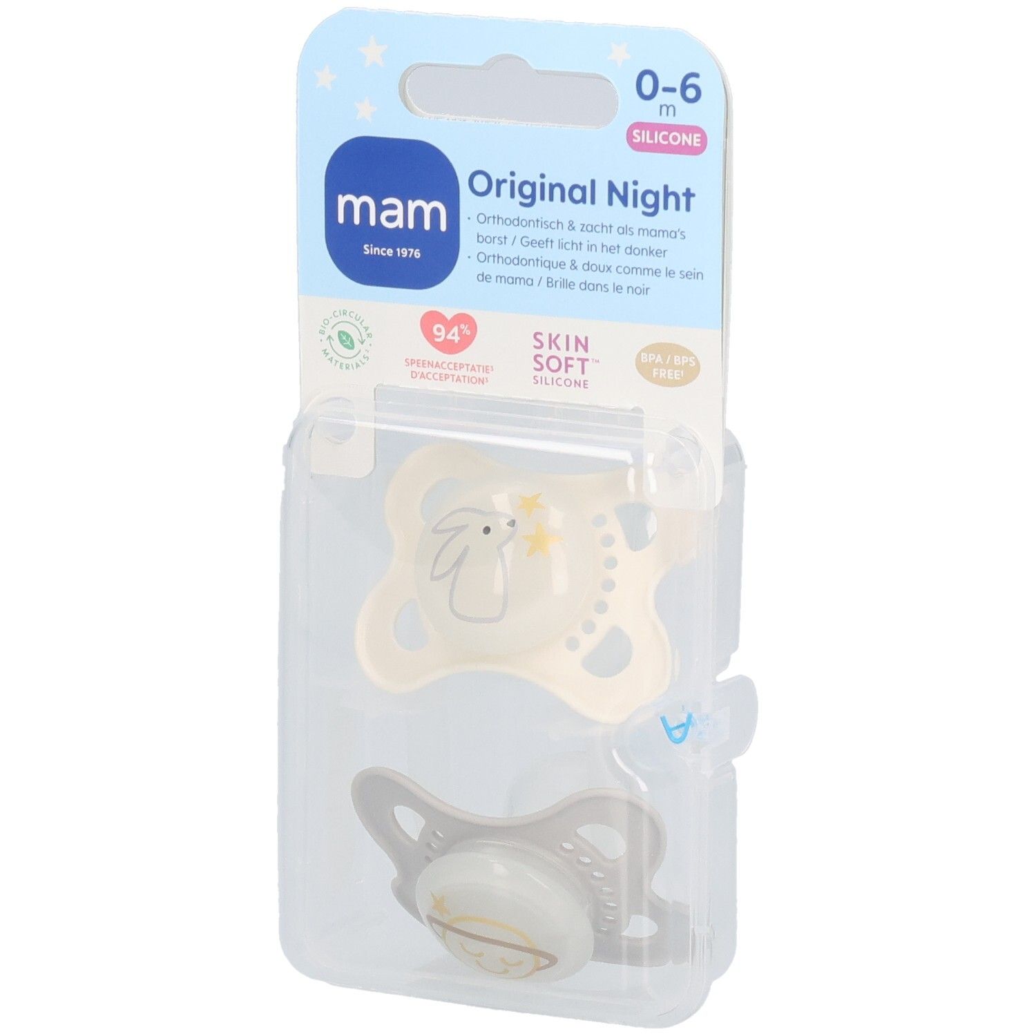 Zwei Schnuller in einer transparenten Verpackung. Auf der Verpackung steht "Original Night" und "0-6 m".