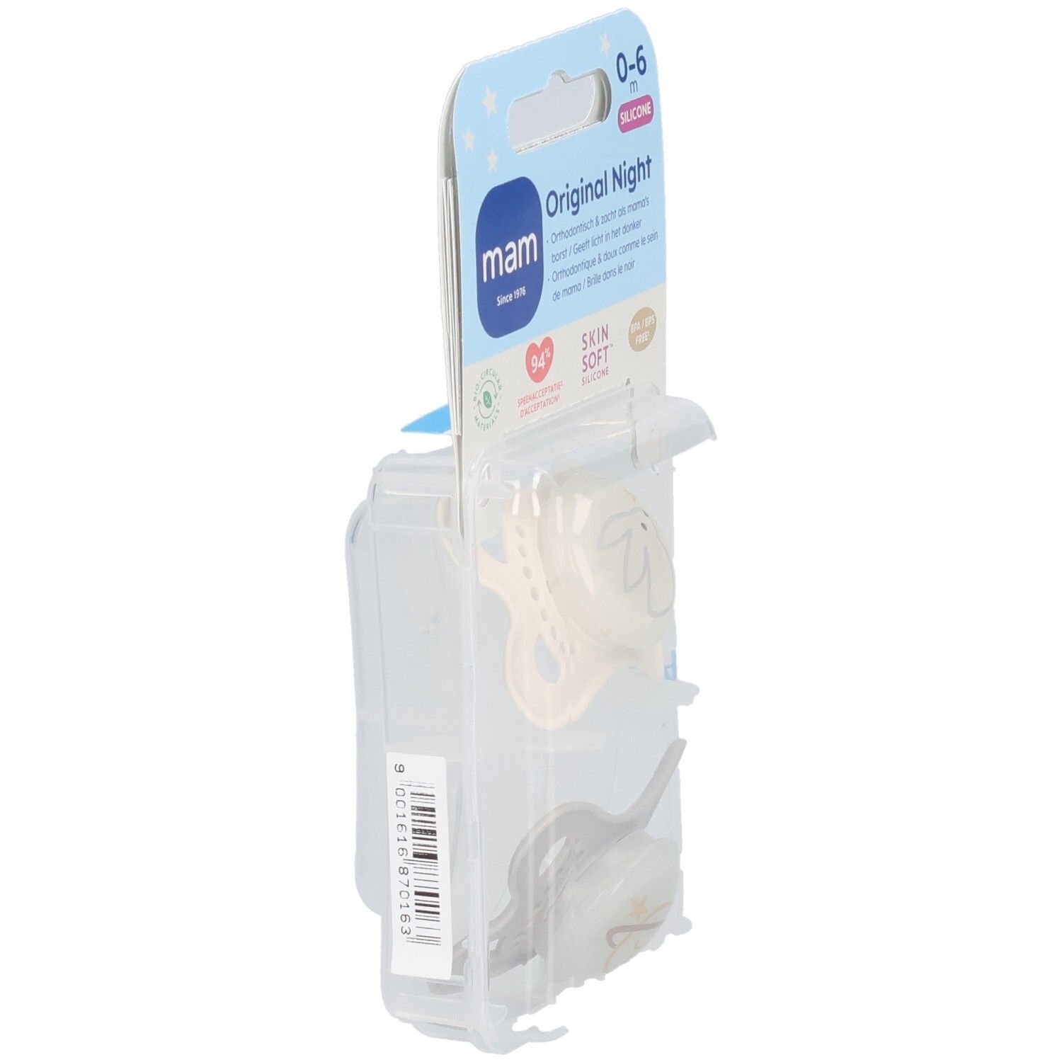 Seitenansicht der Verpackung mit zwei Schnullern. Auf der Verpackung steht "Original Night" und "0-6 m".