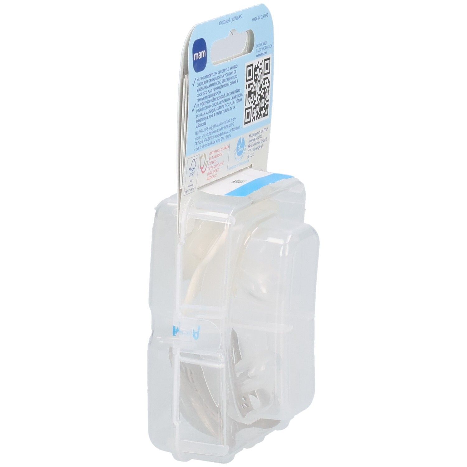 Seitenansicht der Verpackung mit zwei Schnullern. Die Verpackung ist transparent.