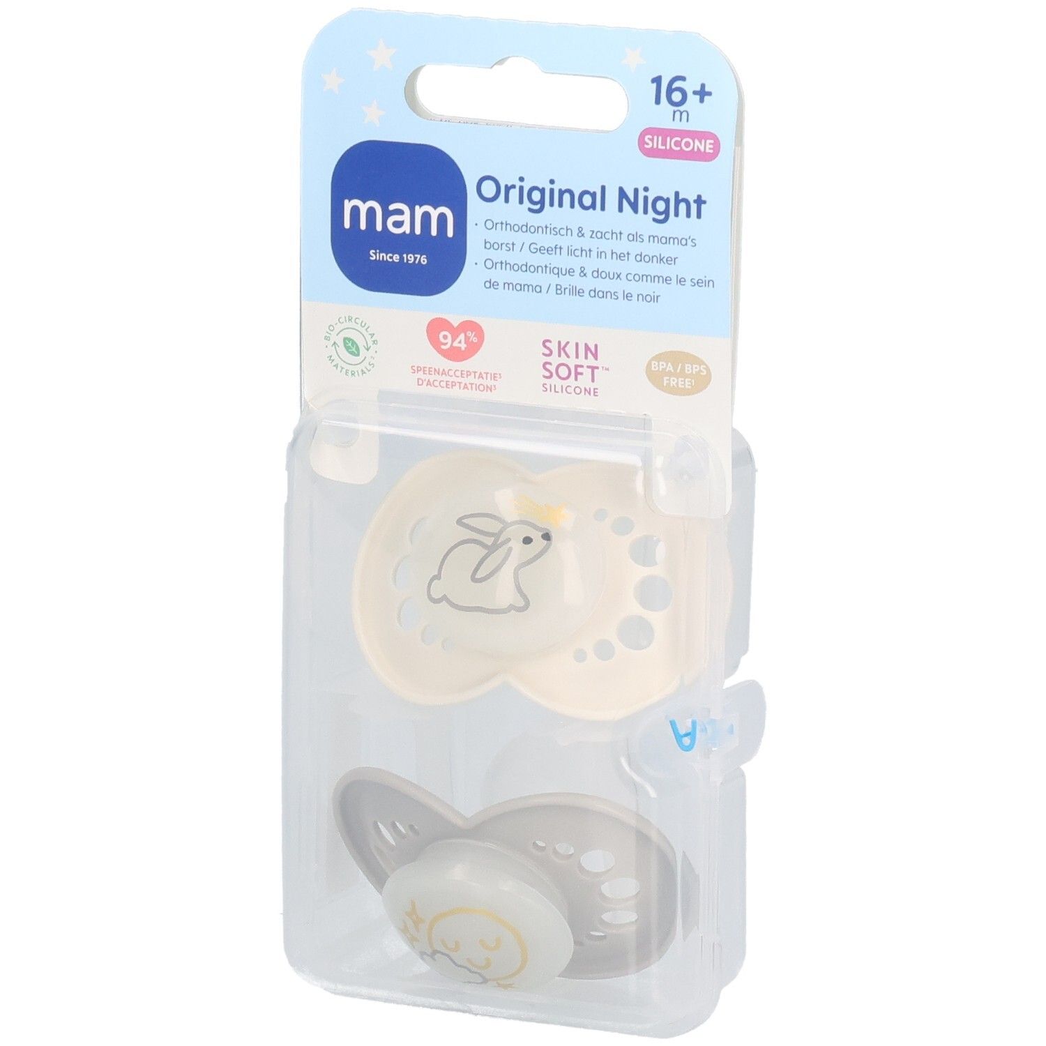 Zwei Schnuller in Verpackung. Beige und graue Farben. Aufdruck: Hase. Text: MAM Original Night, 16+ m, Silikon.