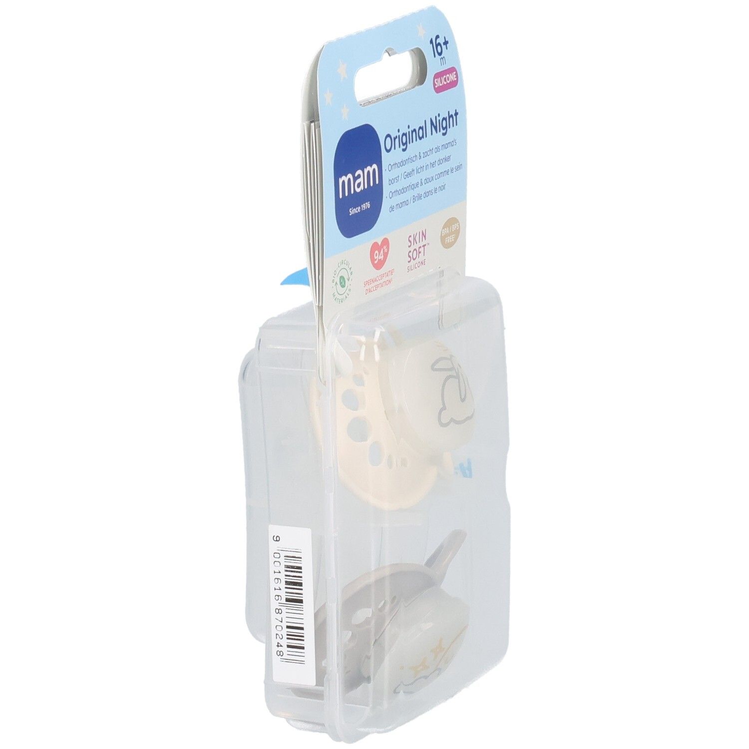 Verpackung mit zwei Schnullern. Seitliche Ansicht. Text: MAM Original Night, 16+ m, Silikon. Barcode sichtbar.